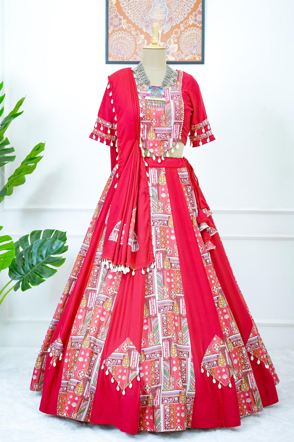 Designer Red Rayon With Digital Print Bridal Wear Lehenga Choli