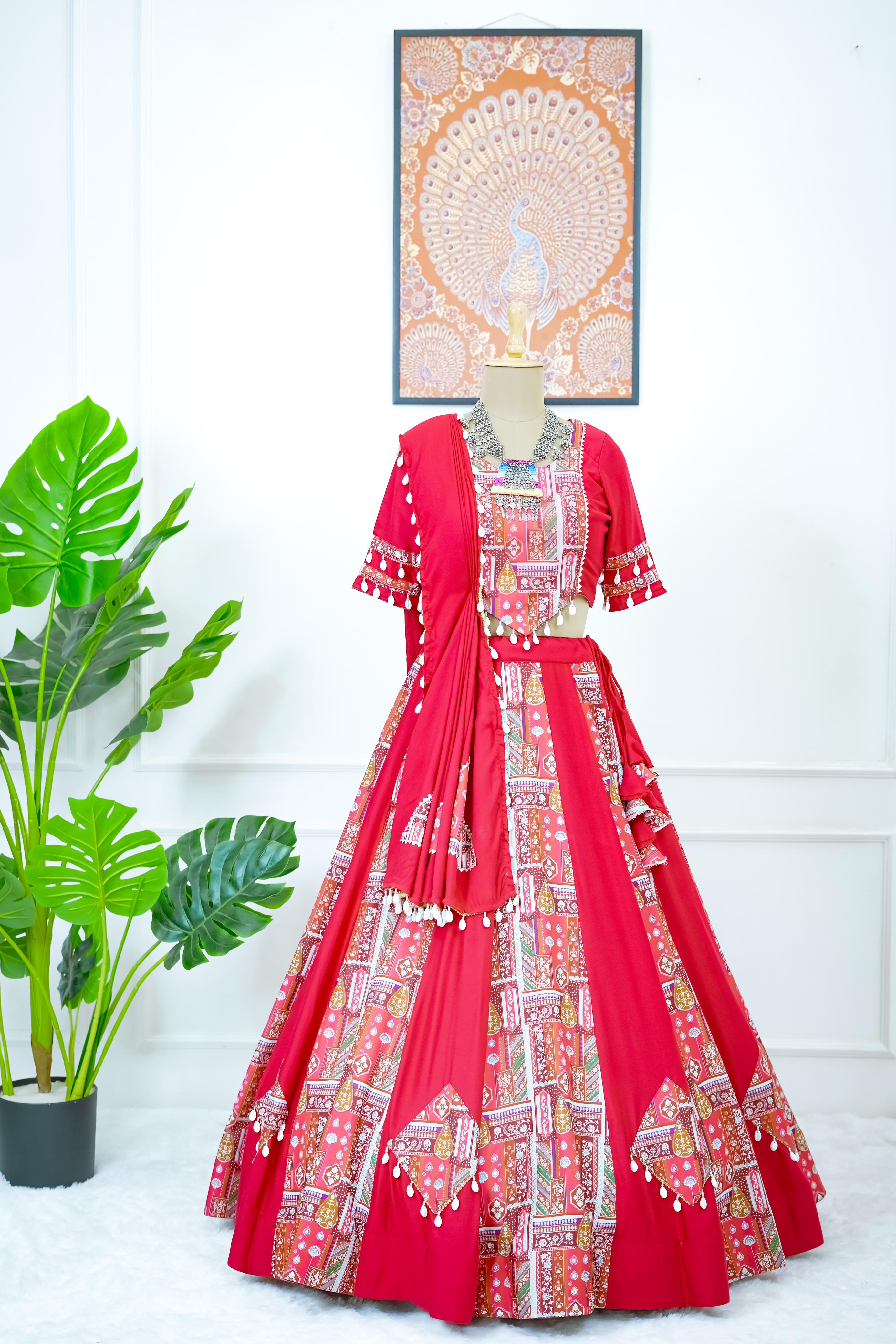 Designer Red Rayon With Digital Print Bridal Wear Lehenga Choli