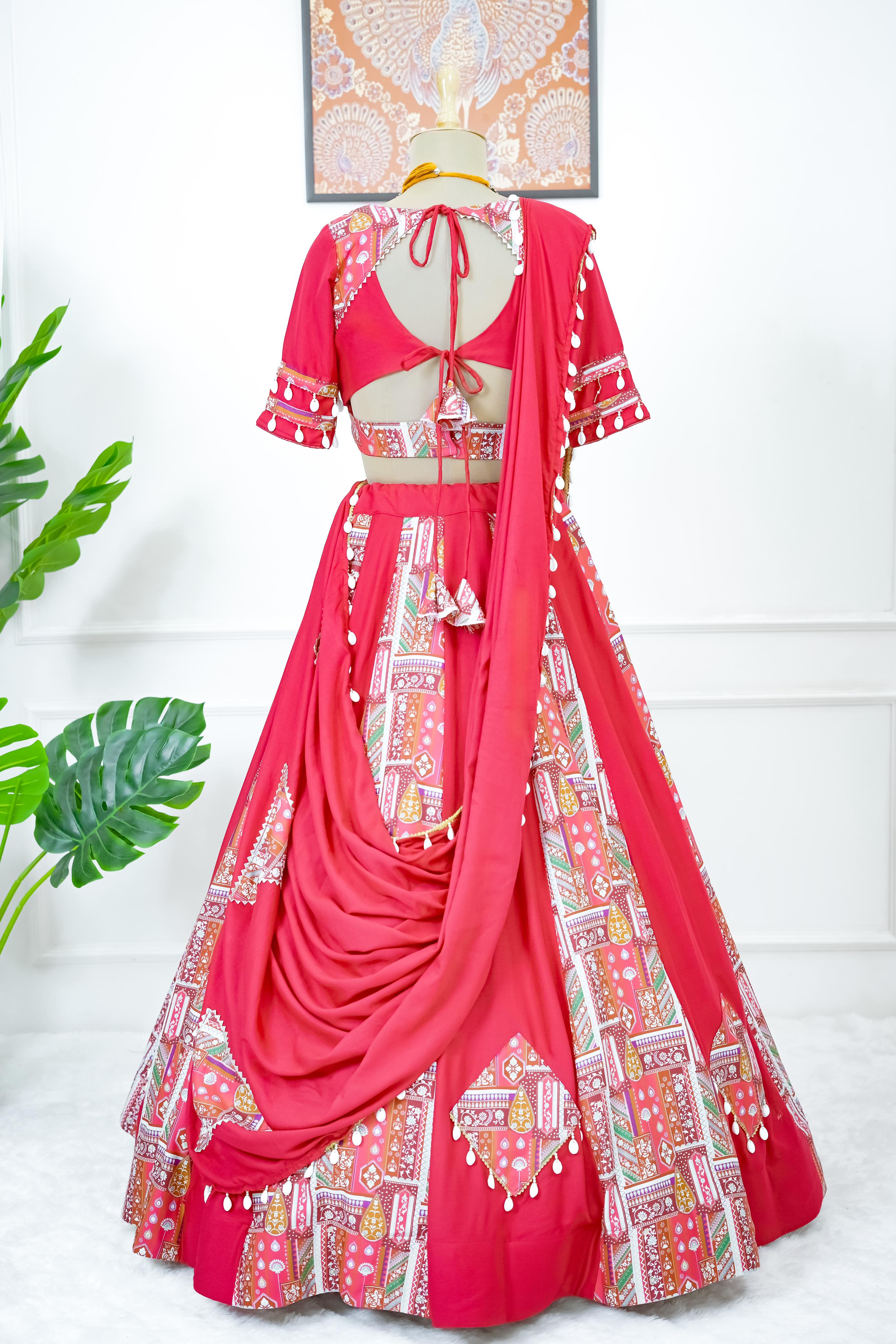 Designer Red Rayon With Digital Print Bridal Wear Lehenga Choli