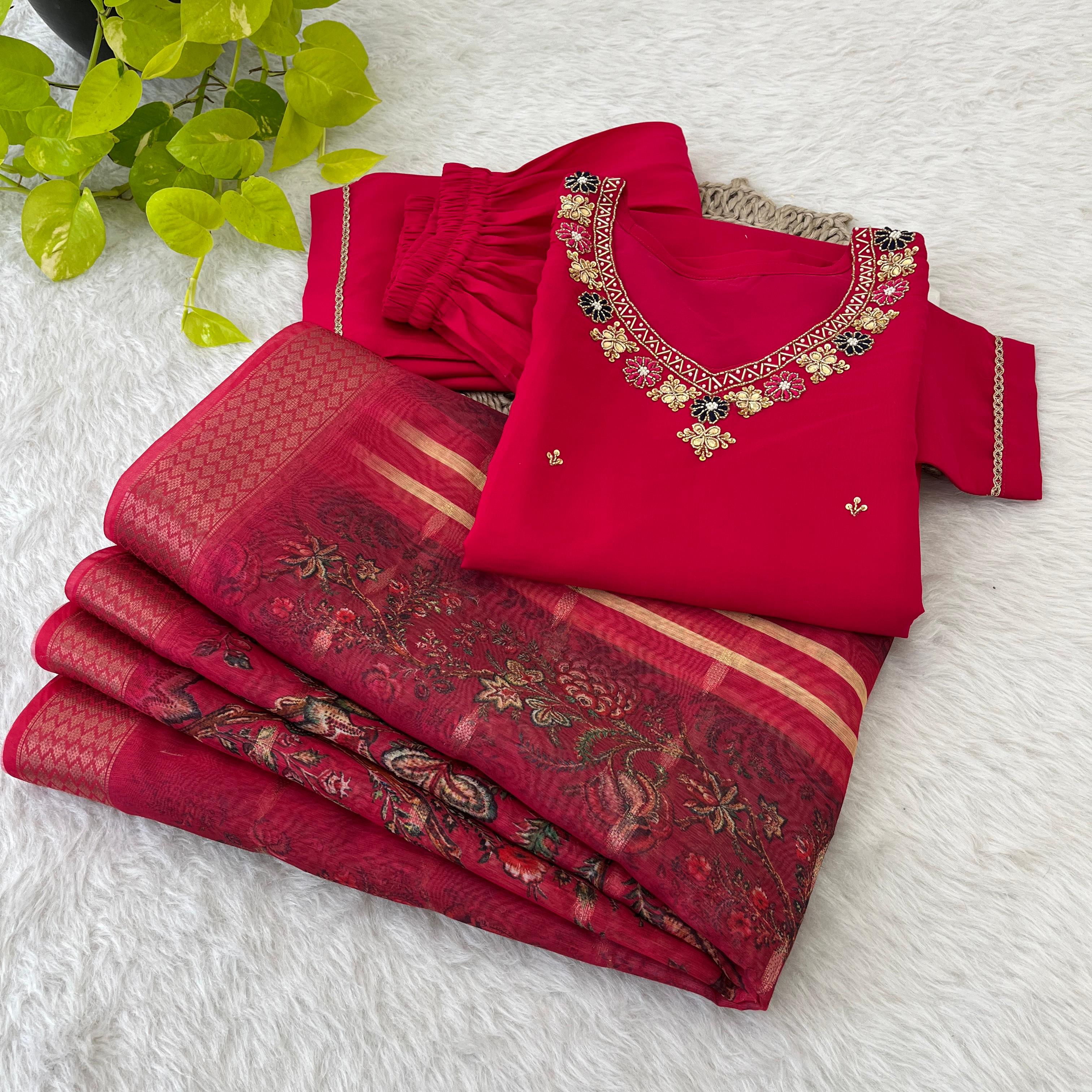 Premium Roman Silk Soft Fabric With Handwork Neck Red Color Kurti Set