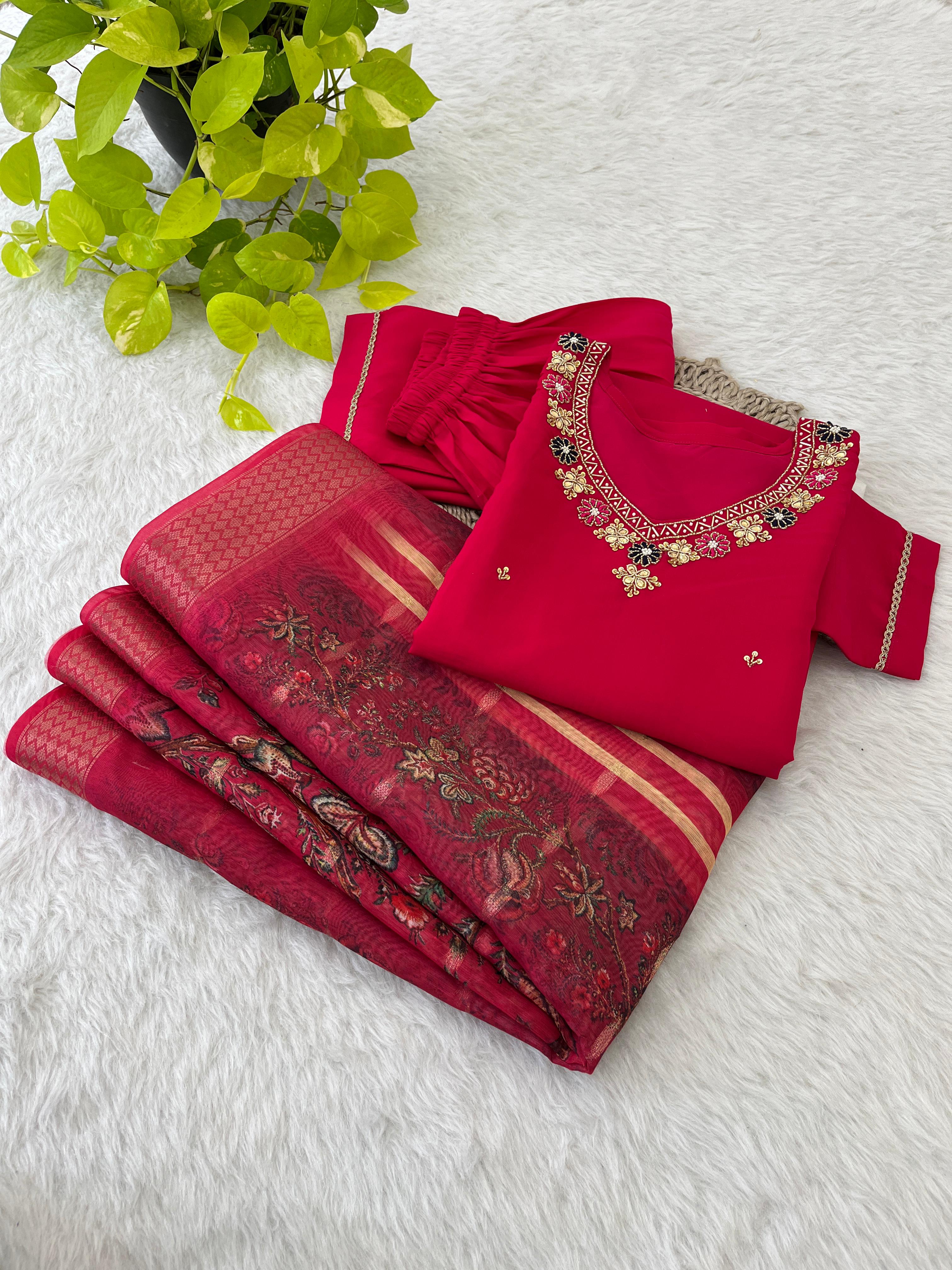 Premium Roman Silk Soft Fabric With Handwork Neck Red Color Kurti Set