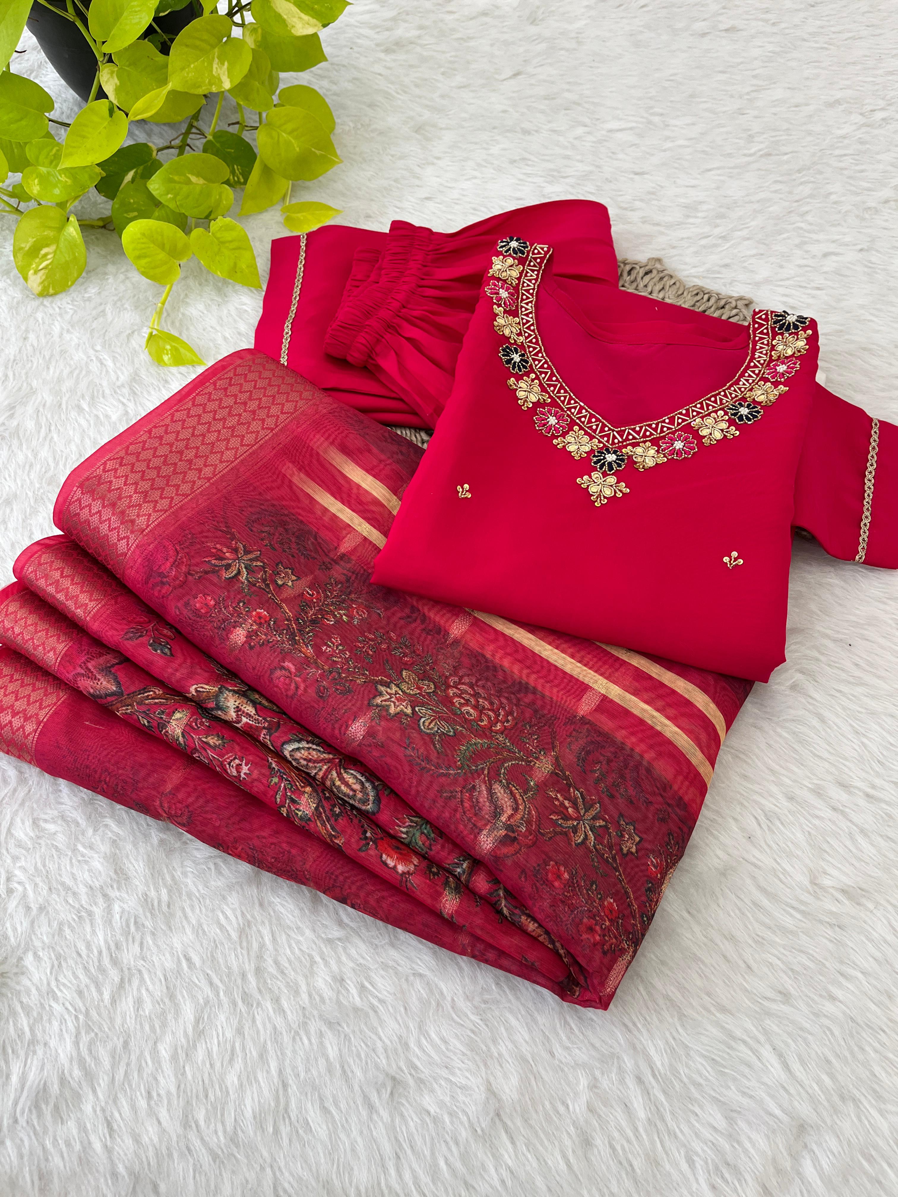 Premium Roman Silk Soft Fabric With Handwork Neck Red Color Kurti Set