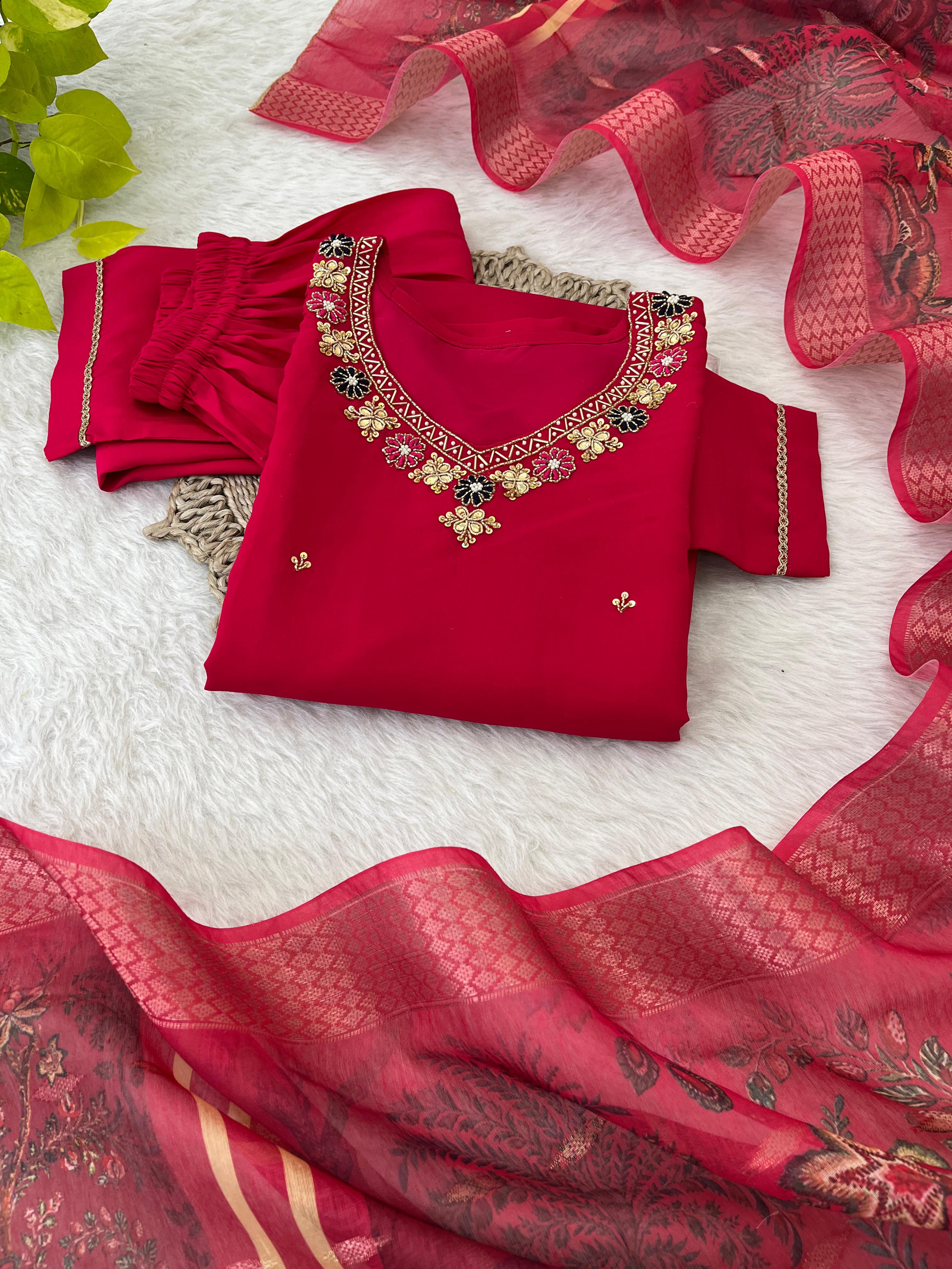 Premium Roman Silk Soft Fabric With Handwork Neck Red Color Kurti Set