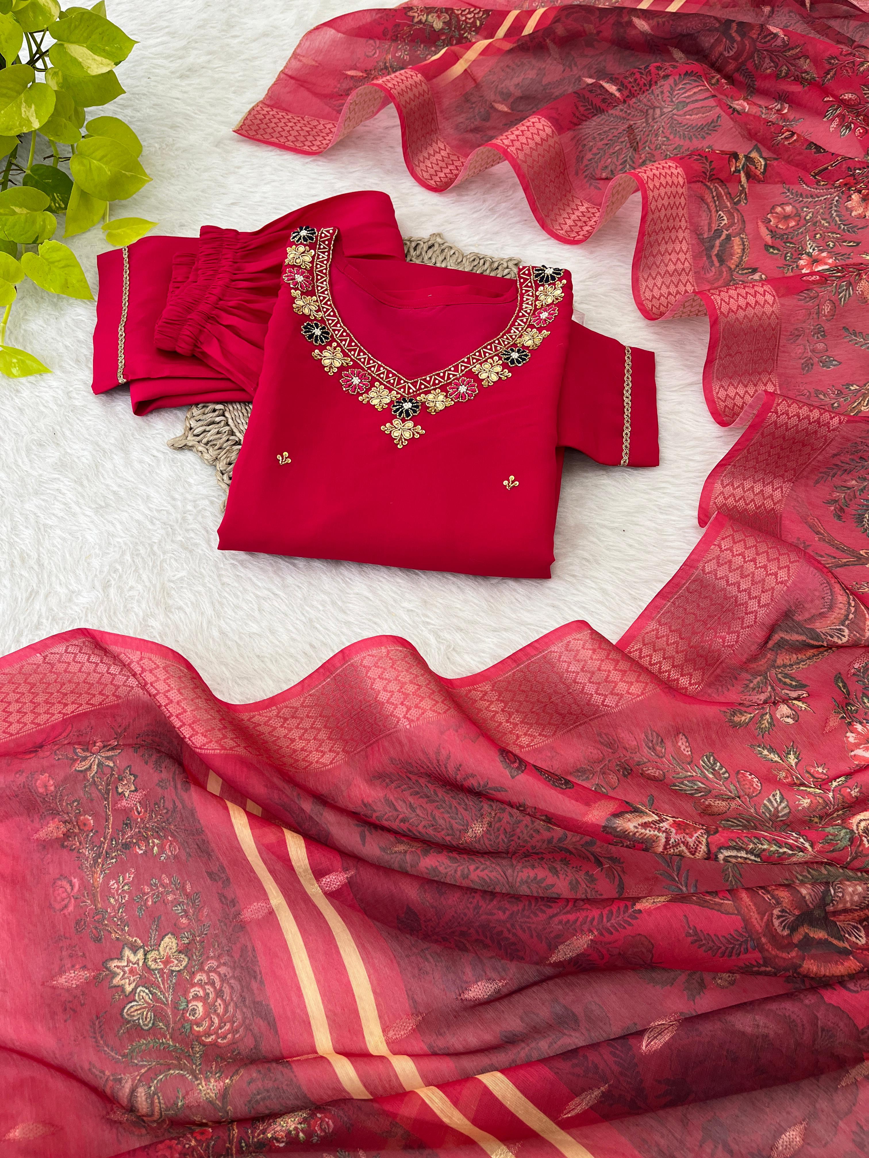 Premium Roman Silk Soft Fabric With Handwork Neck Red Color Kurti Set