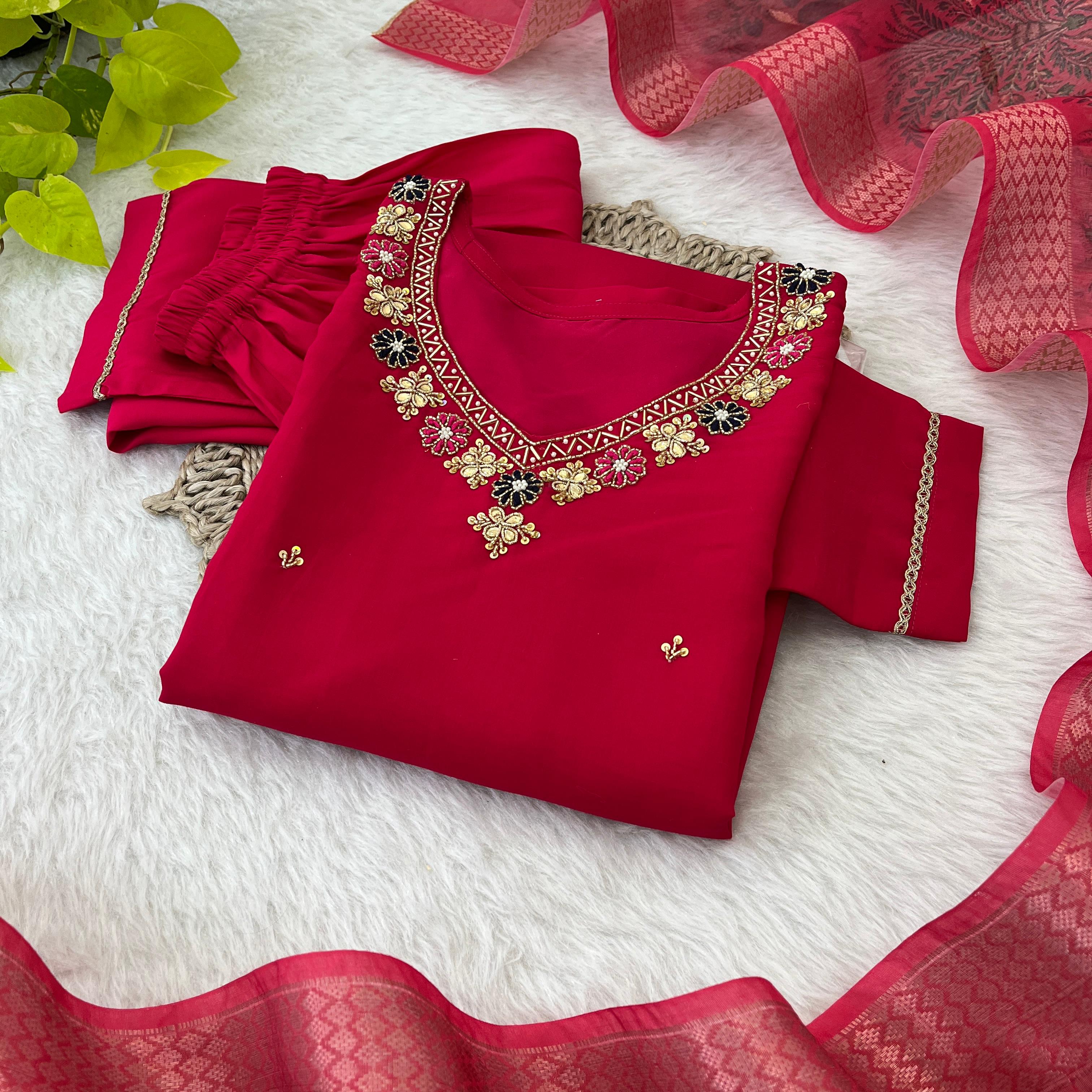 Premium Roman Silk Soft Fabric With Handwork Neck Red Color Kurti Set