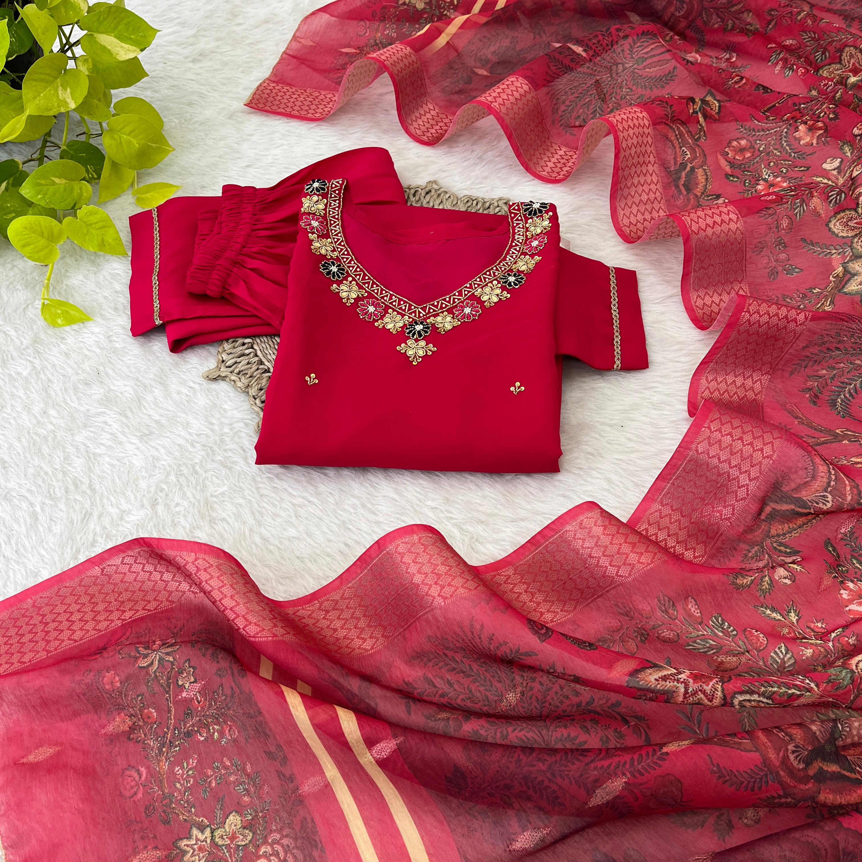 Premium Roman Silk Soft Fabric With Handwork Neck Red Color Kurti Set