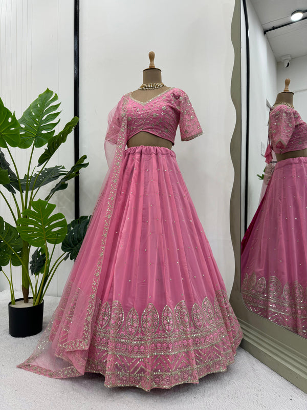 Party Wear Pink Color Faux Georgette Thread With Sequence Work Designer Lehenga Choli