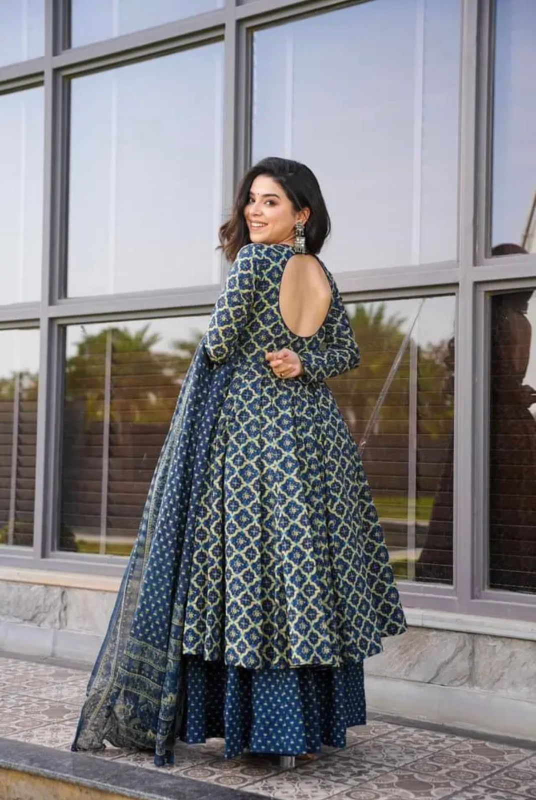 Party Wear Navy Blue Color Pure Soft Cotton Printed Anarkali Suit