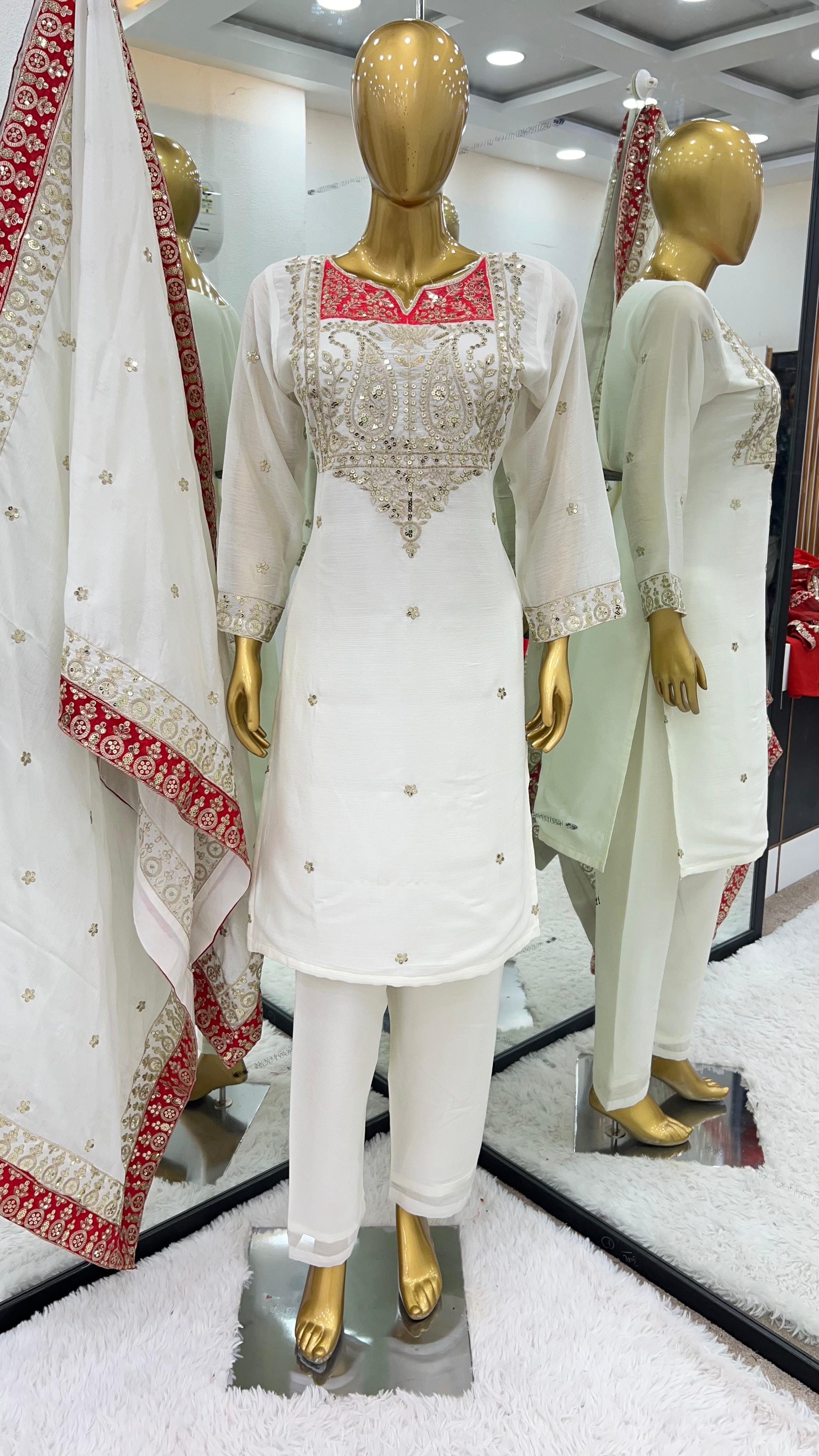 Ceremony Wear White Color Pure Chinon Silk Designer Salwar Suit