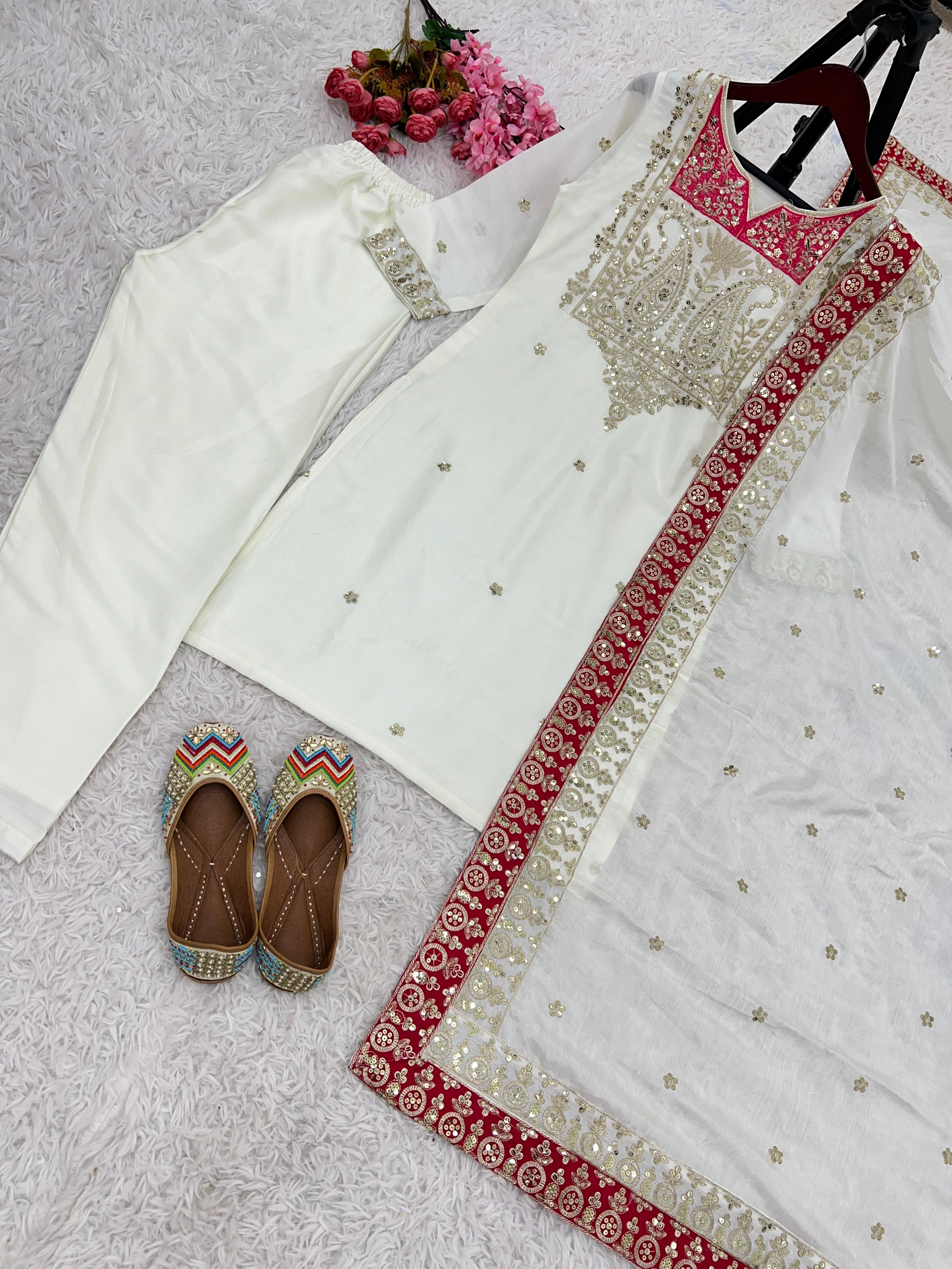 Ceremony Wear White Color Pure Chinon Silk Designer Salwar Suit