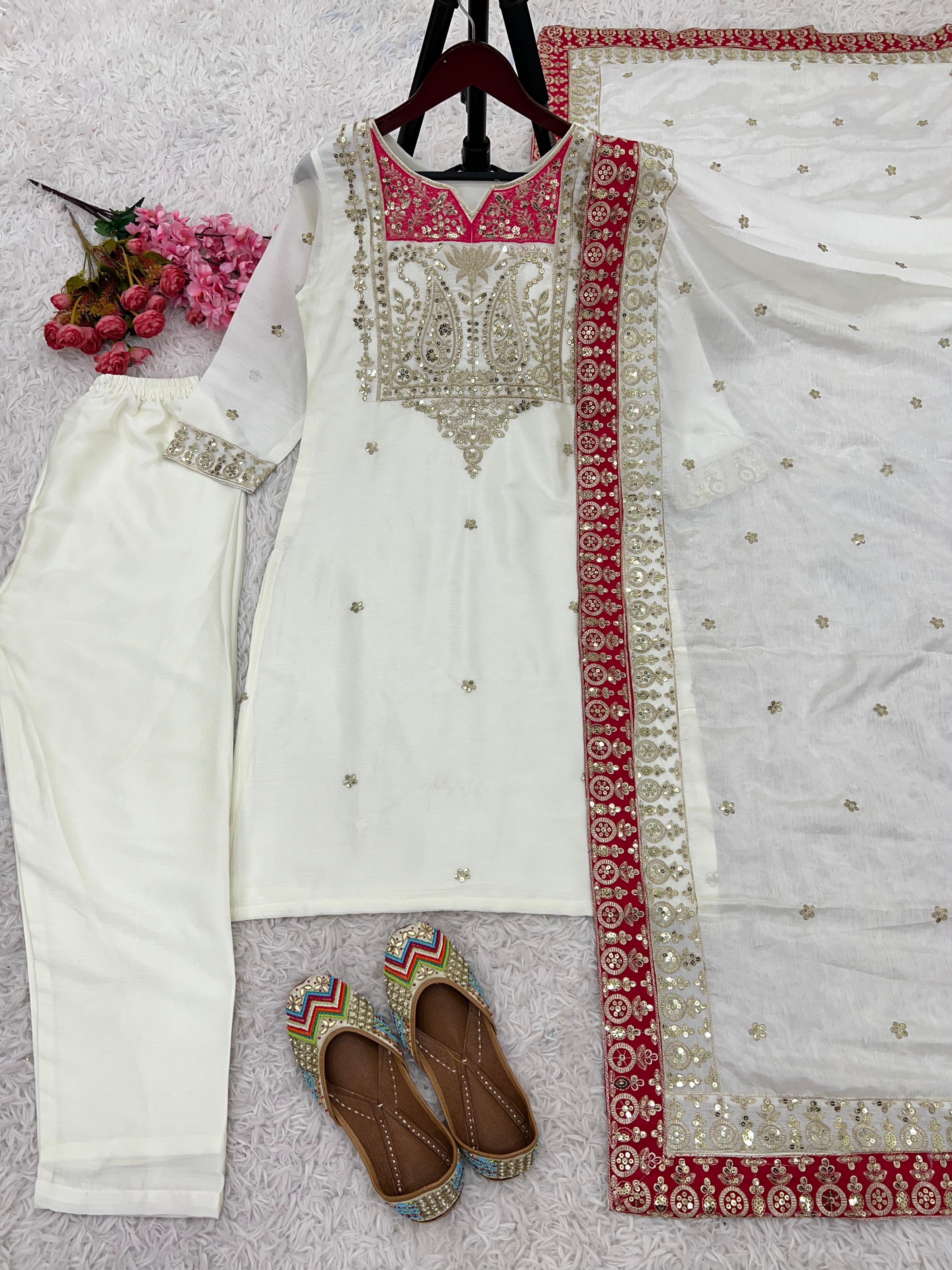 Ceremony Wear White Color Pure Chinon Silk Designer Salwar Suit