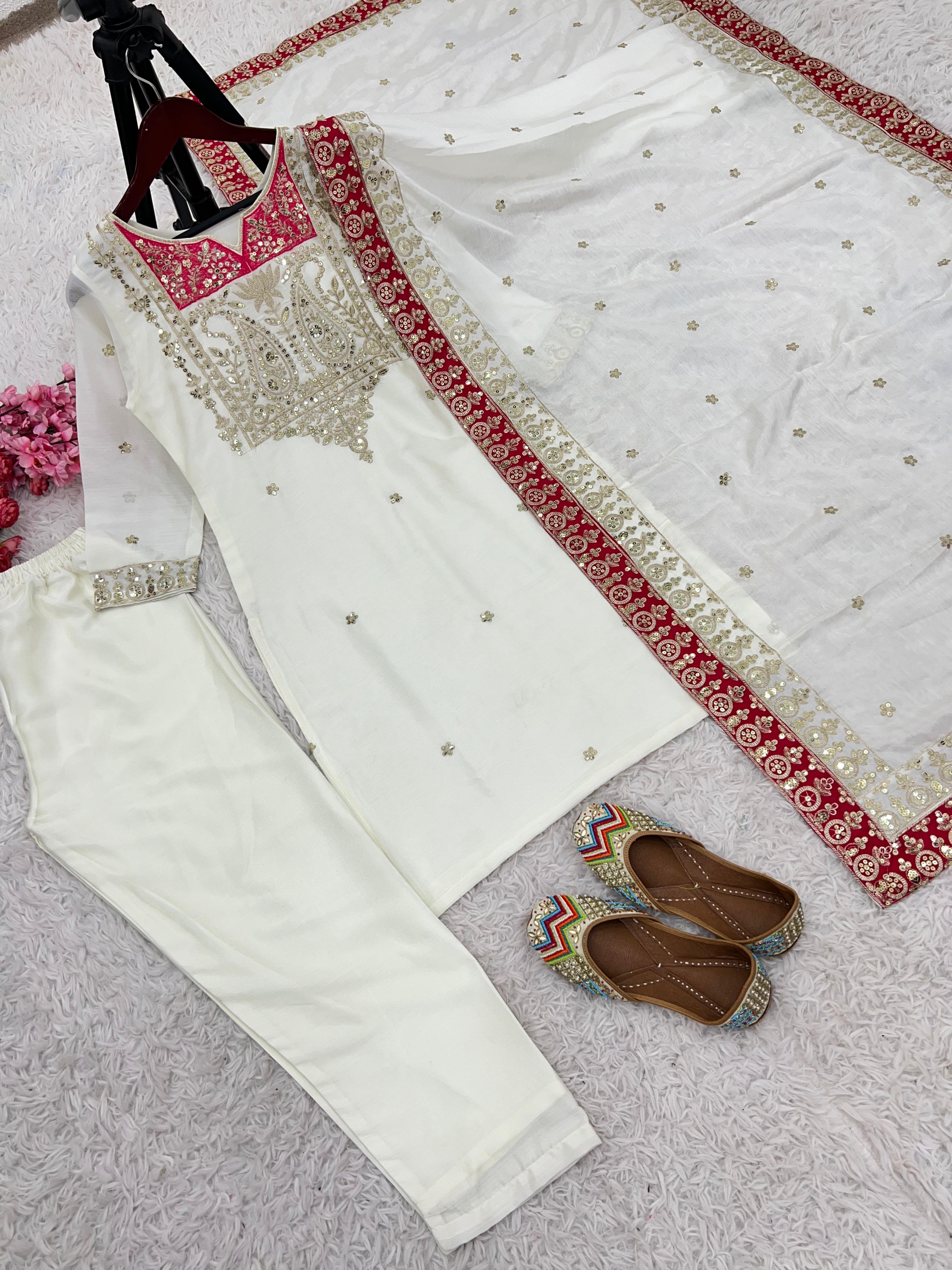 Ceremony Wear White Color Pure Chinon Silk Designer Salwar Suit