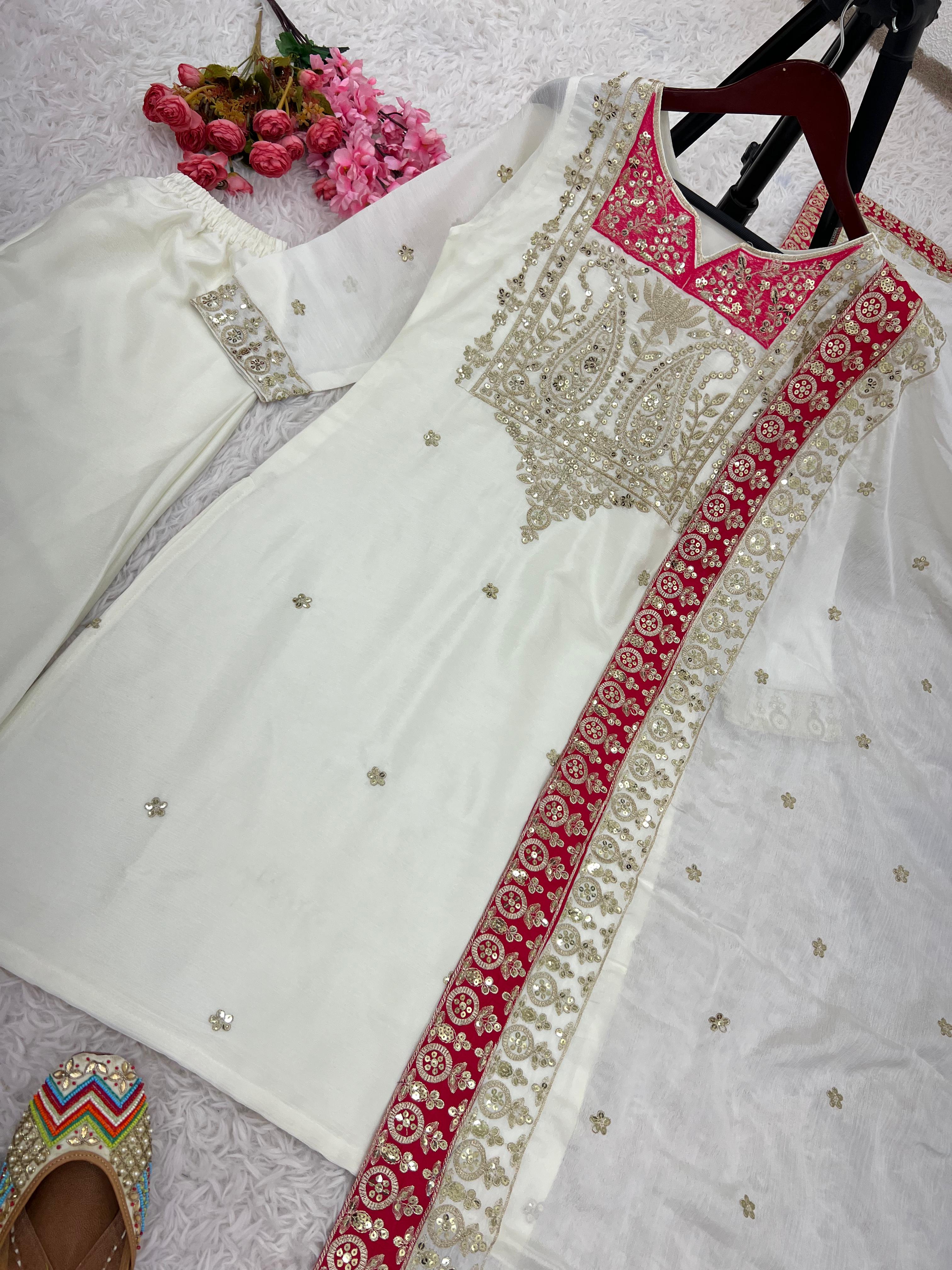 Ceremony Wear White Color Pure Chinon Silk Designer Salwar Suit