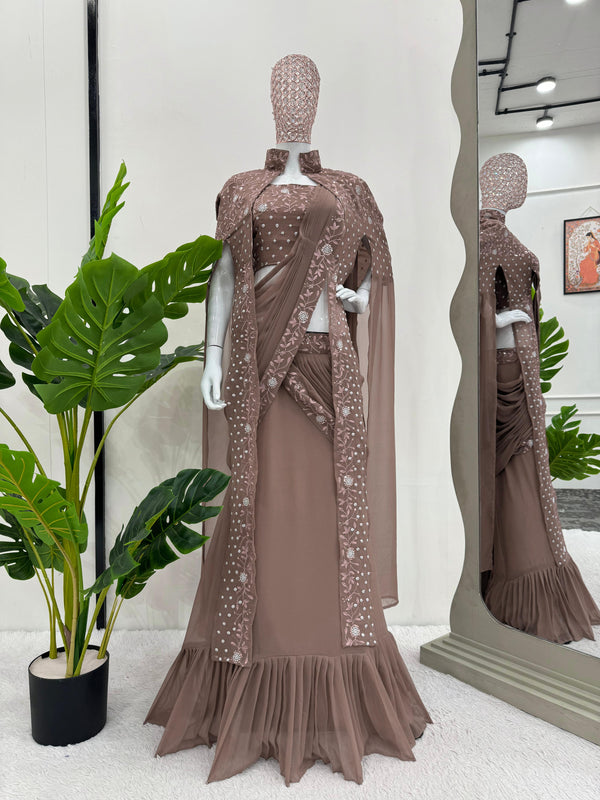 Ceremony Wear Brown Color Faux Georgette Thread With Sequence Designer Lehenga Saree With Shrug