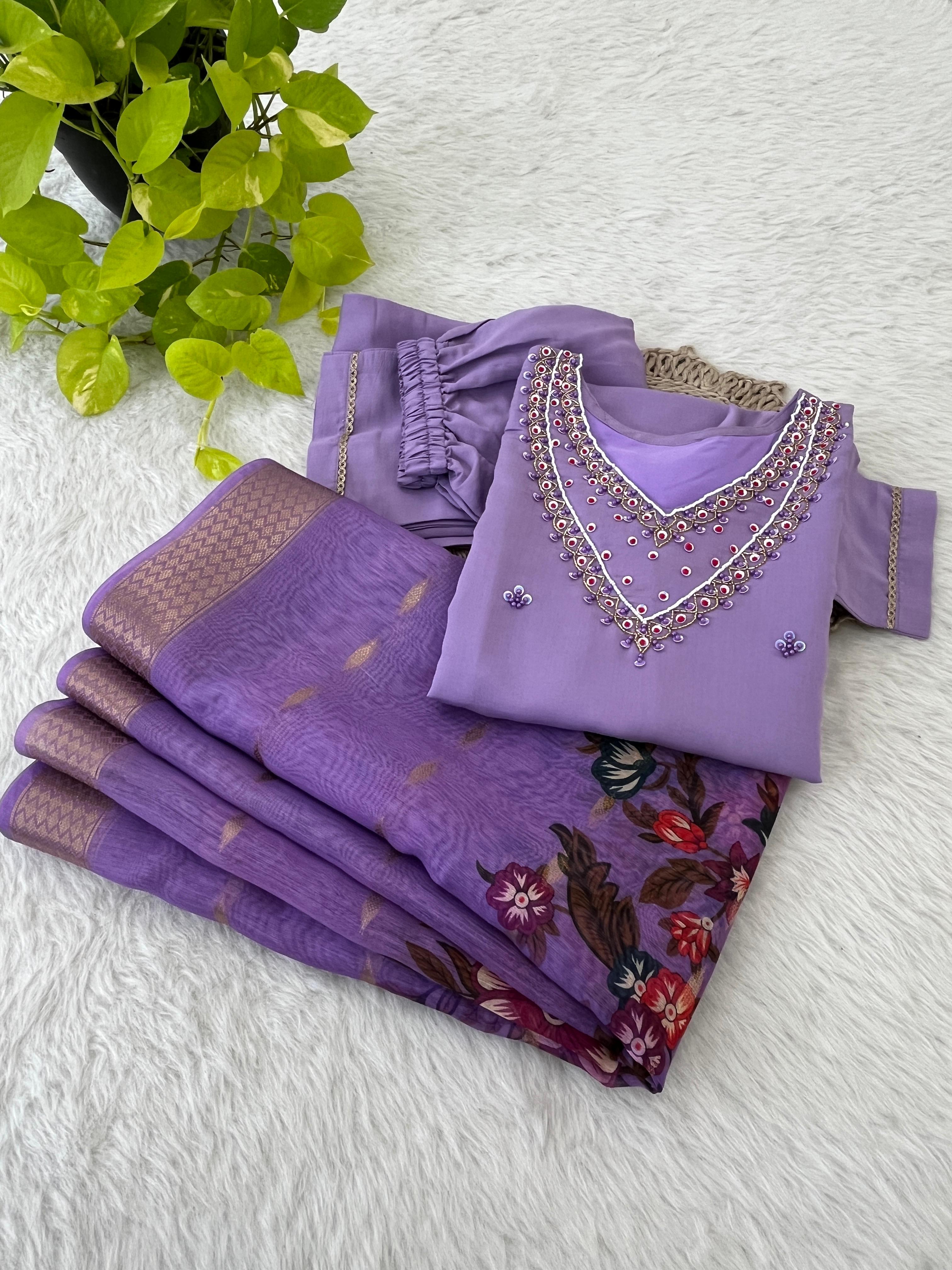 Premium Roman Silk Soft Fabric With Handwork Neck Lavender Color Kurit Set