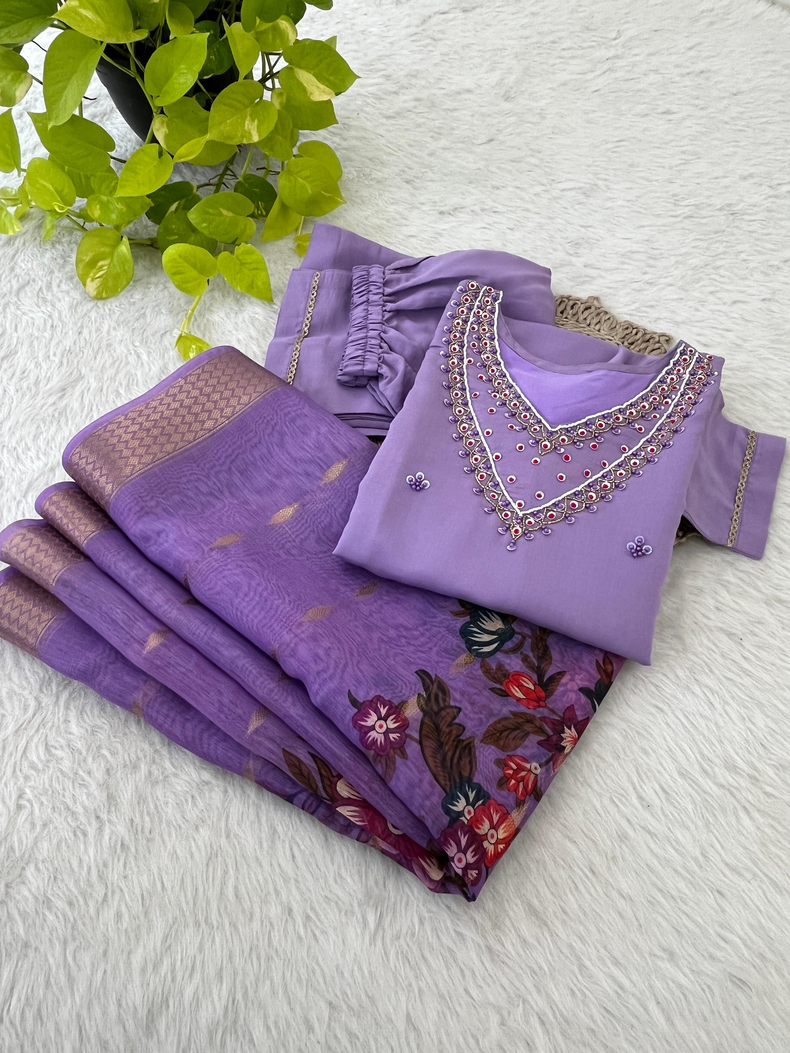 Premium Roman Silk Soft Fabric With Handwork Neck Lavender Color Kurit Set