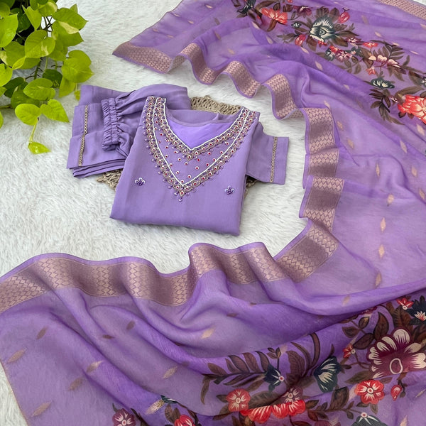 Premium Roman Silk Soft Fabric With Handwork Neck Lavender Color Kurit Set