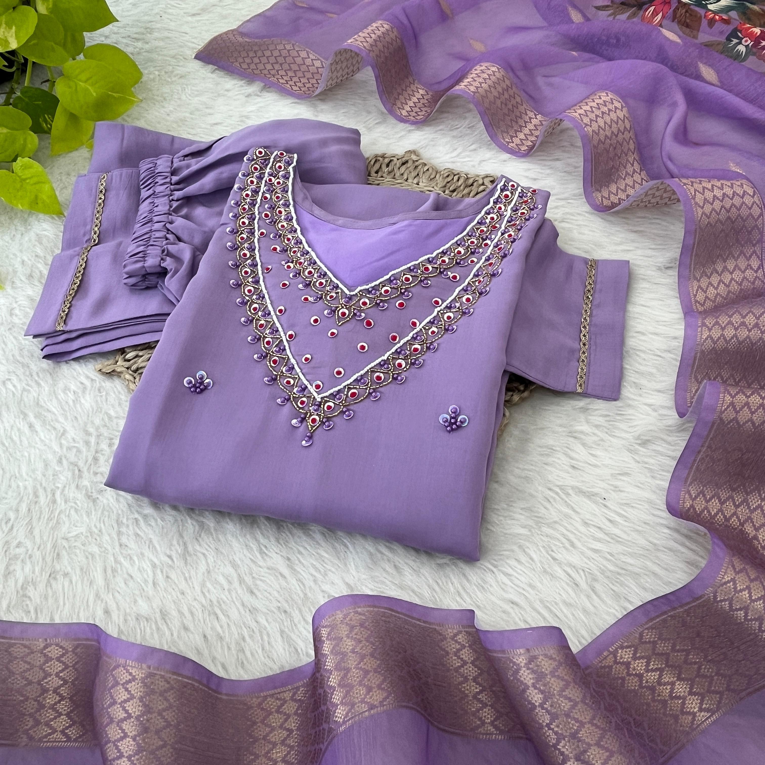 Premium Roman Silk Soft Fabric With Handwork Neck Lavender Color Kurit Set