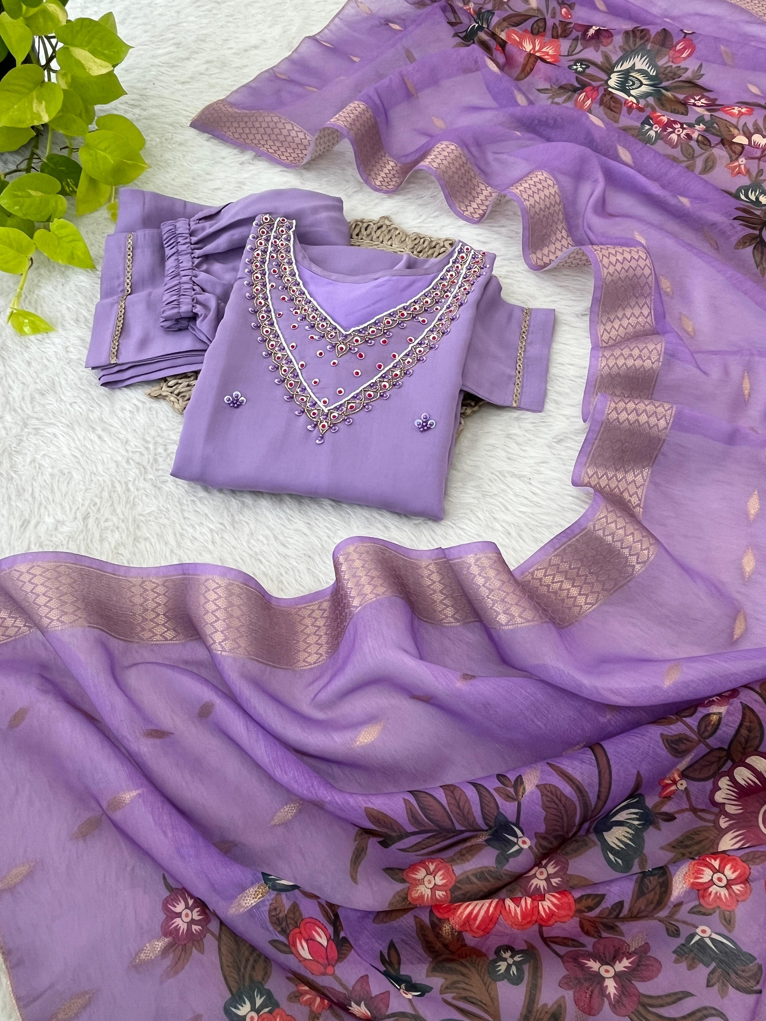 Premium Roman Silk Soft Fabric With Handwork Neck Lavender Color Kurit Set