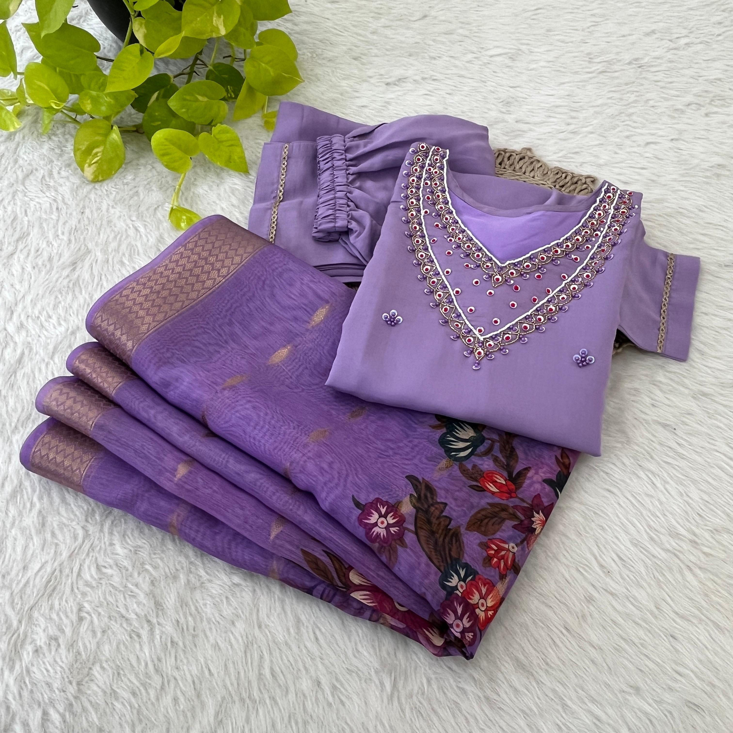 Premium Roman Silk Soft Fabric With Handwork Neck Lavender Color Kurit Set