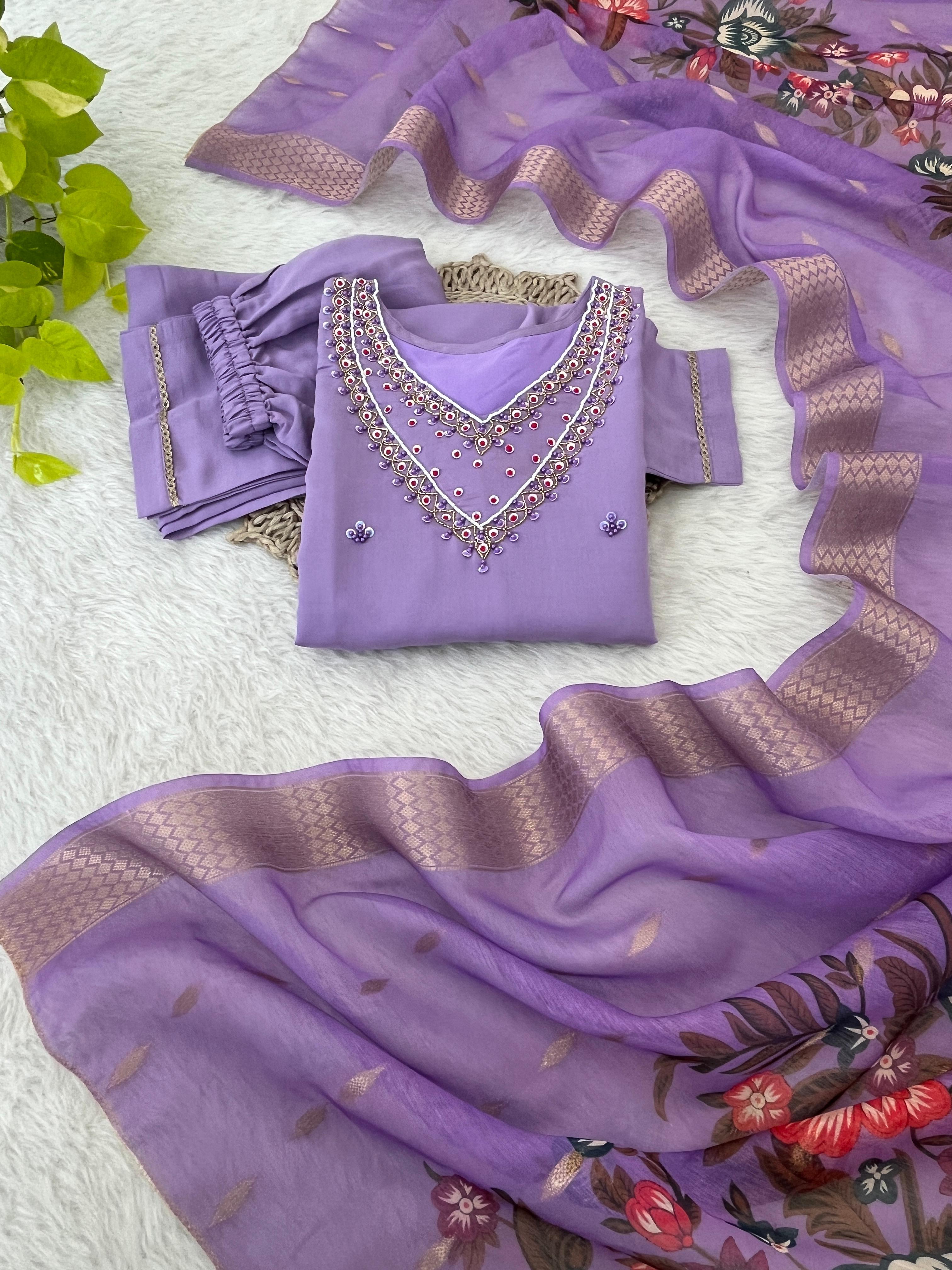 Premium Roman Silk Soft Fabric With Handwork Neck Lavender Color Kurit Set