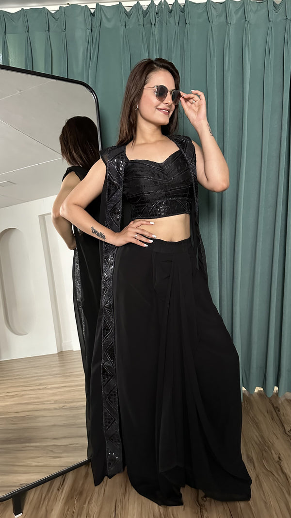 Ceremony Wear Black Color Georgette Koti With Sequence Work Indo Western