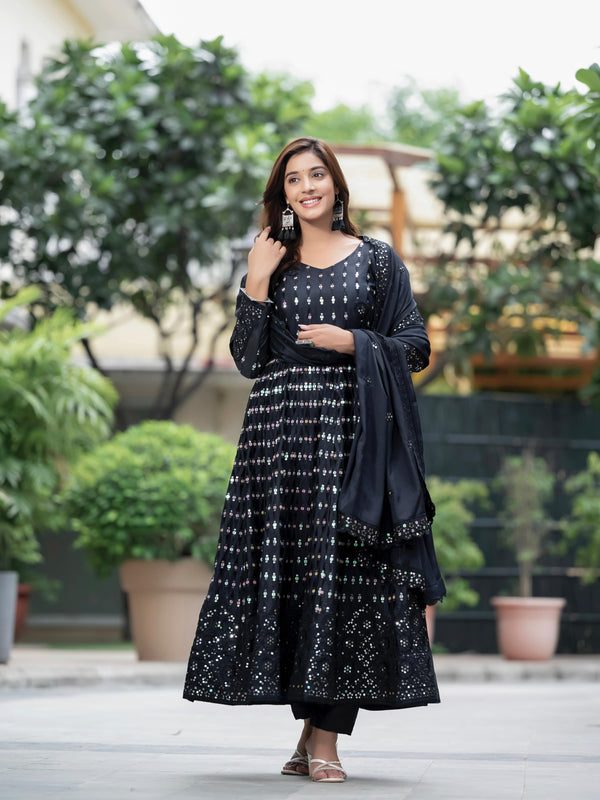 Function Wear Black Color Pure Chinon Silk Material With Sequence Embroidery Work Party Wear Gown