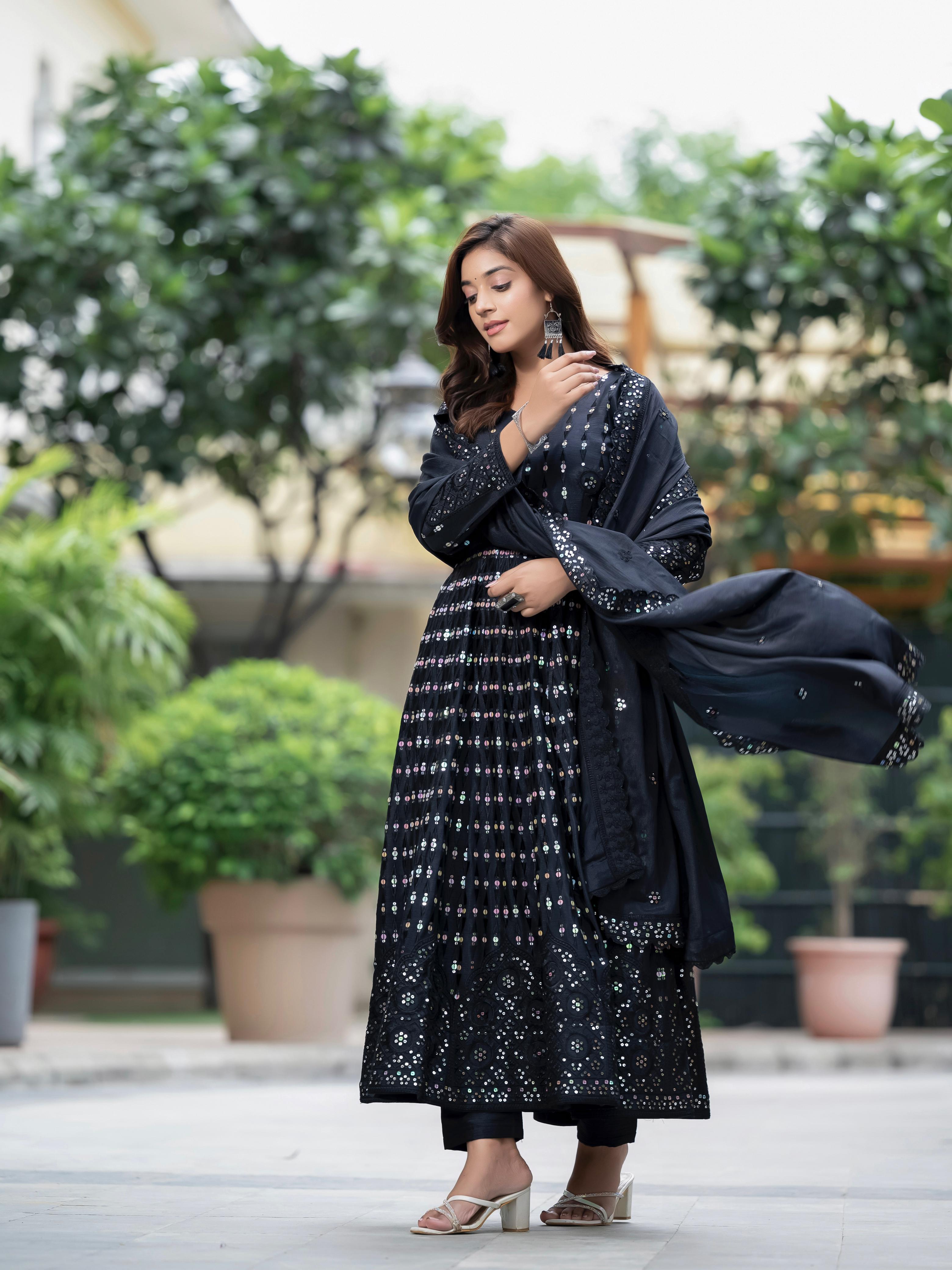 Function Wear Black Color Pure Chinon Silk Material With Sequence Embroidery Work Party Wear Gown