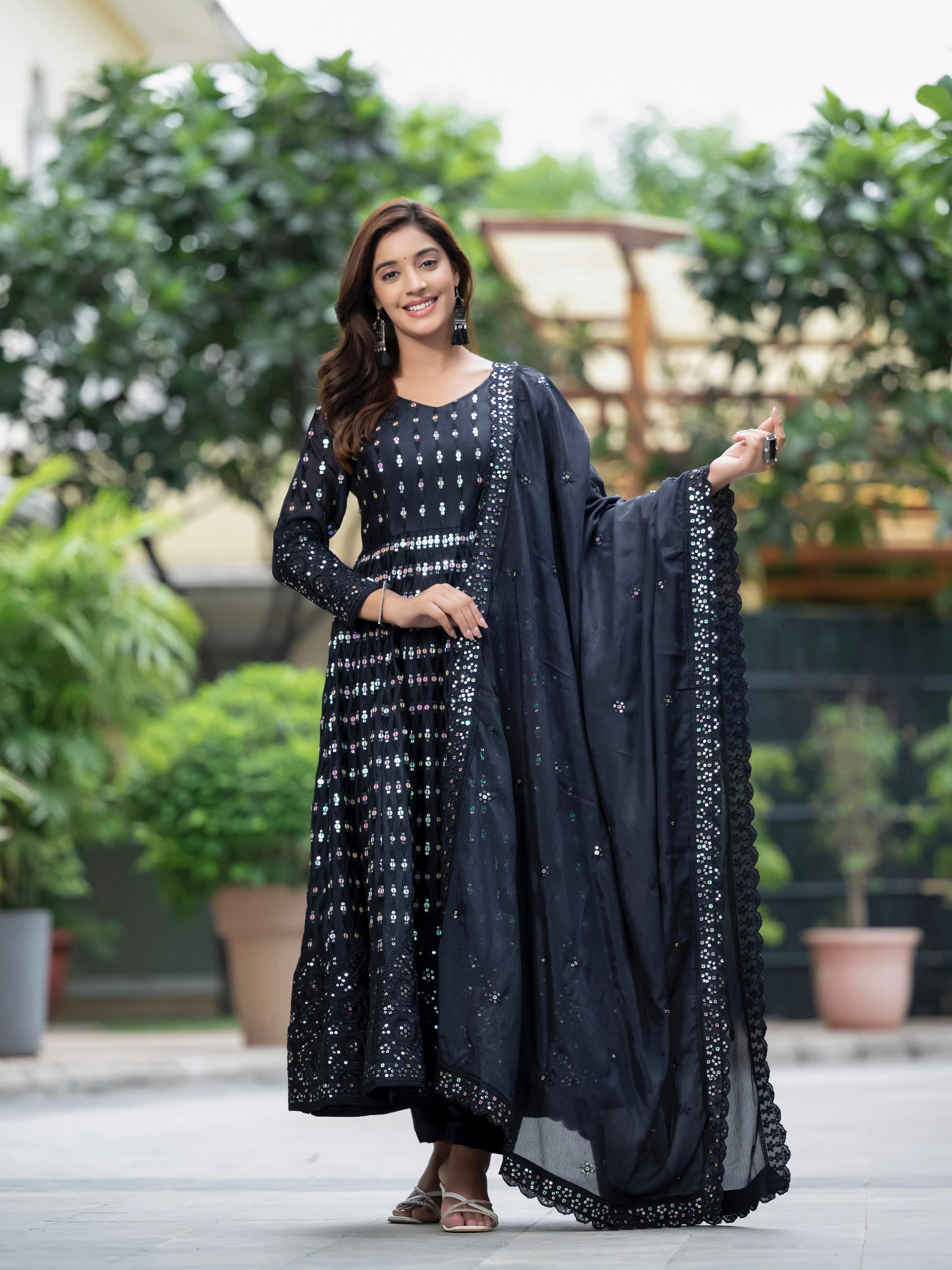 Function Wear Black Color Pure Chinon Silk Material With Sequence Embroidery Work Party Wear Gown