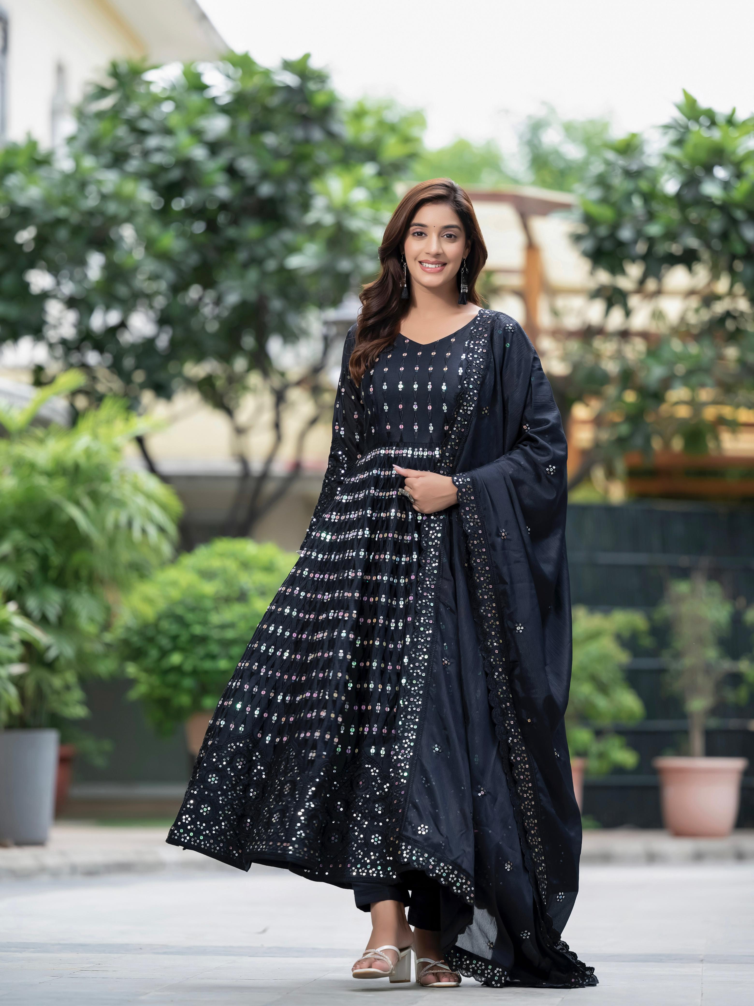 Function Wear Black Color Pure Chinon Silk Material With Sequence Embroidery Work Party Wear Gown