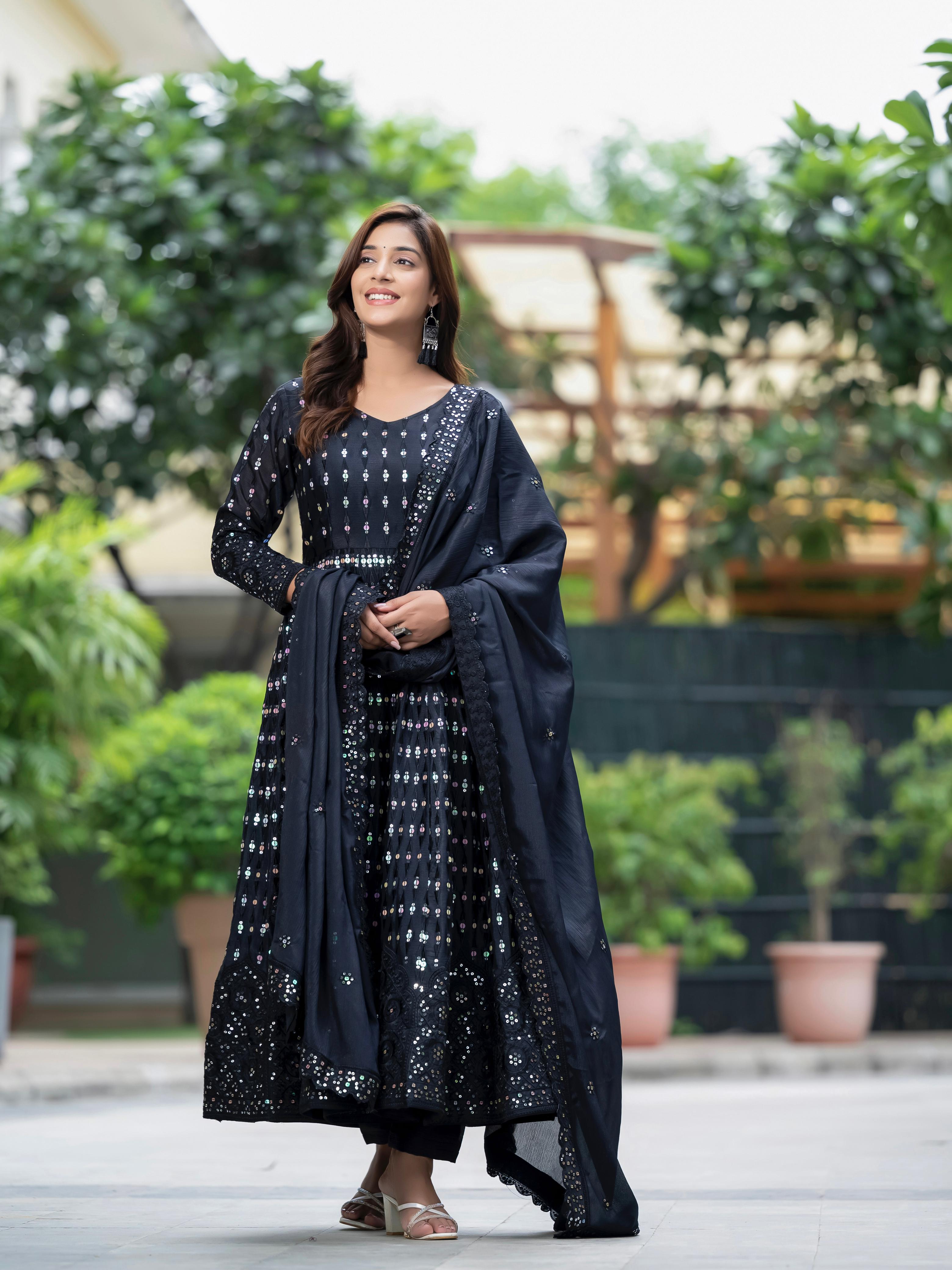 Function Wear Black Color Pure Chinon Silk Material With Sequence Embroidery Work Party Wear Gown