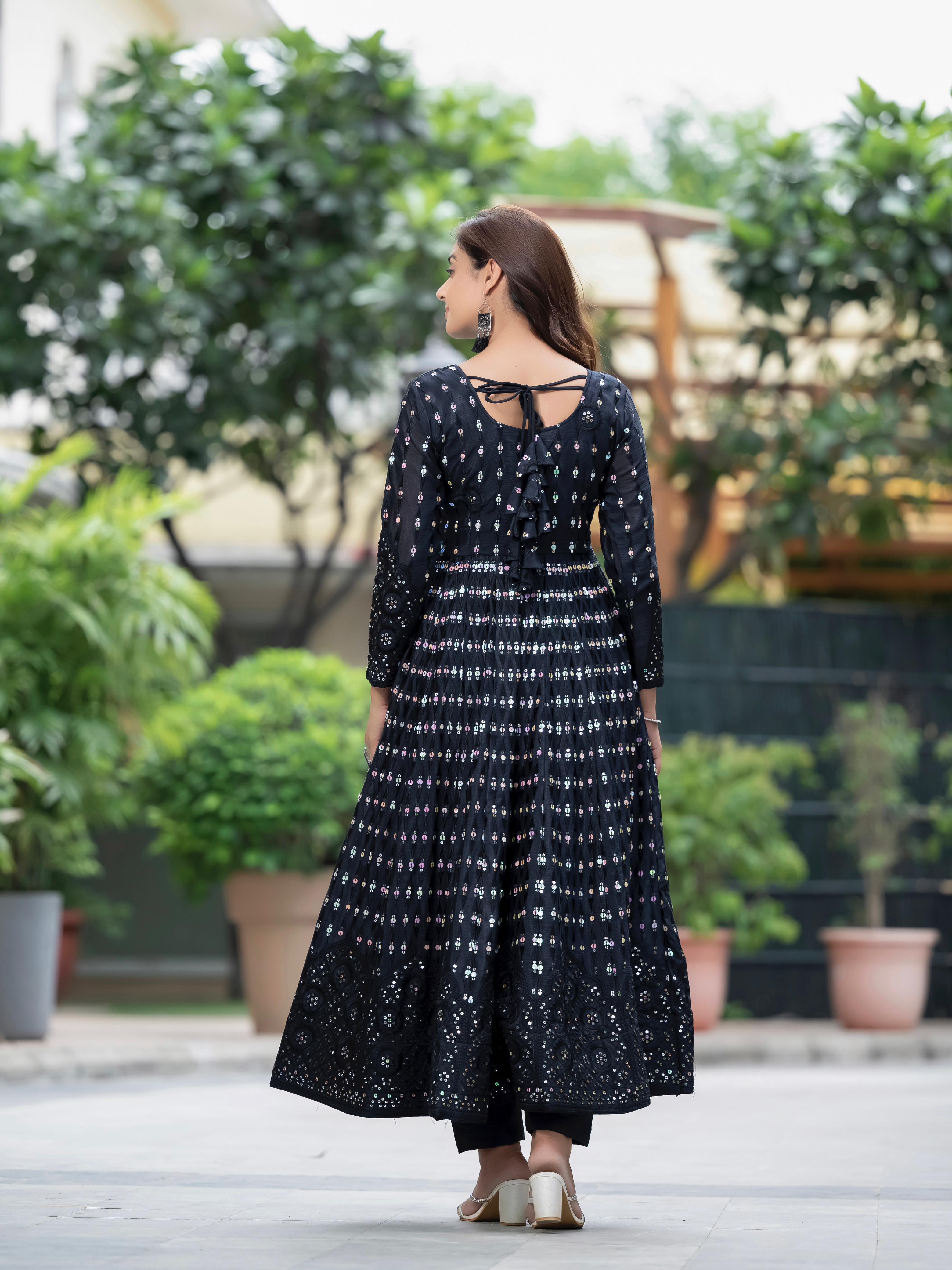 Function Wear Black Color Pure Chinon Silk Material With Sequence Embroidery Work Party Wear Gown