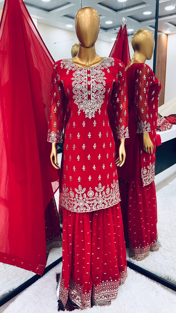 Reception Wear Red Color Heavy Faux Georgette With Embroidery Sequence Work Sharara Suit