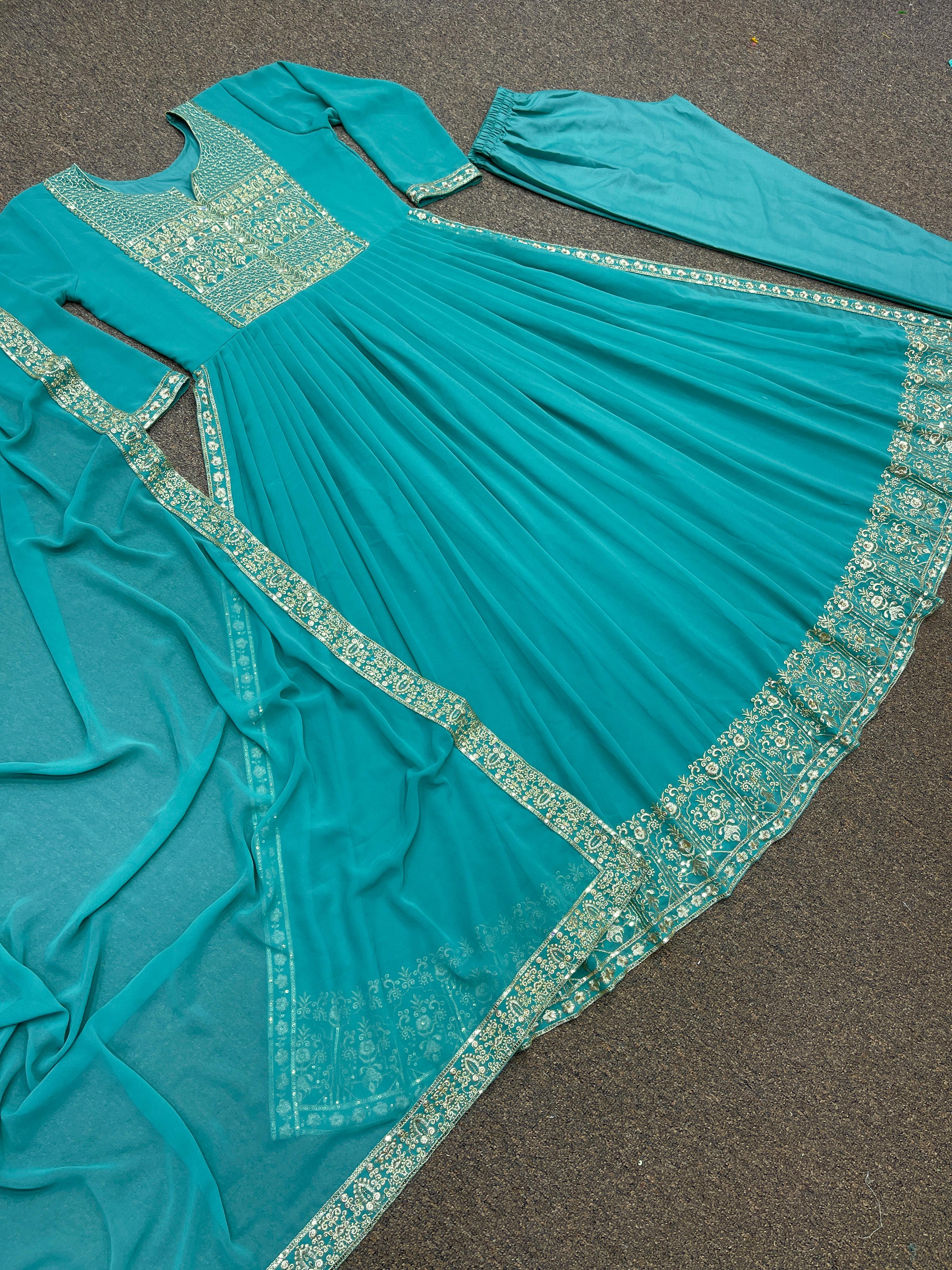 Aqua Green Heavy Faux Georgette Beautiful Embroidery Sequence Work Designer Gown