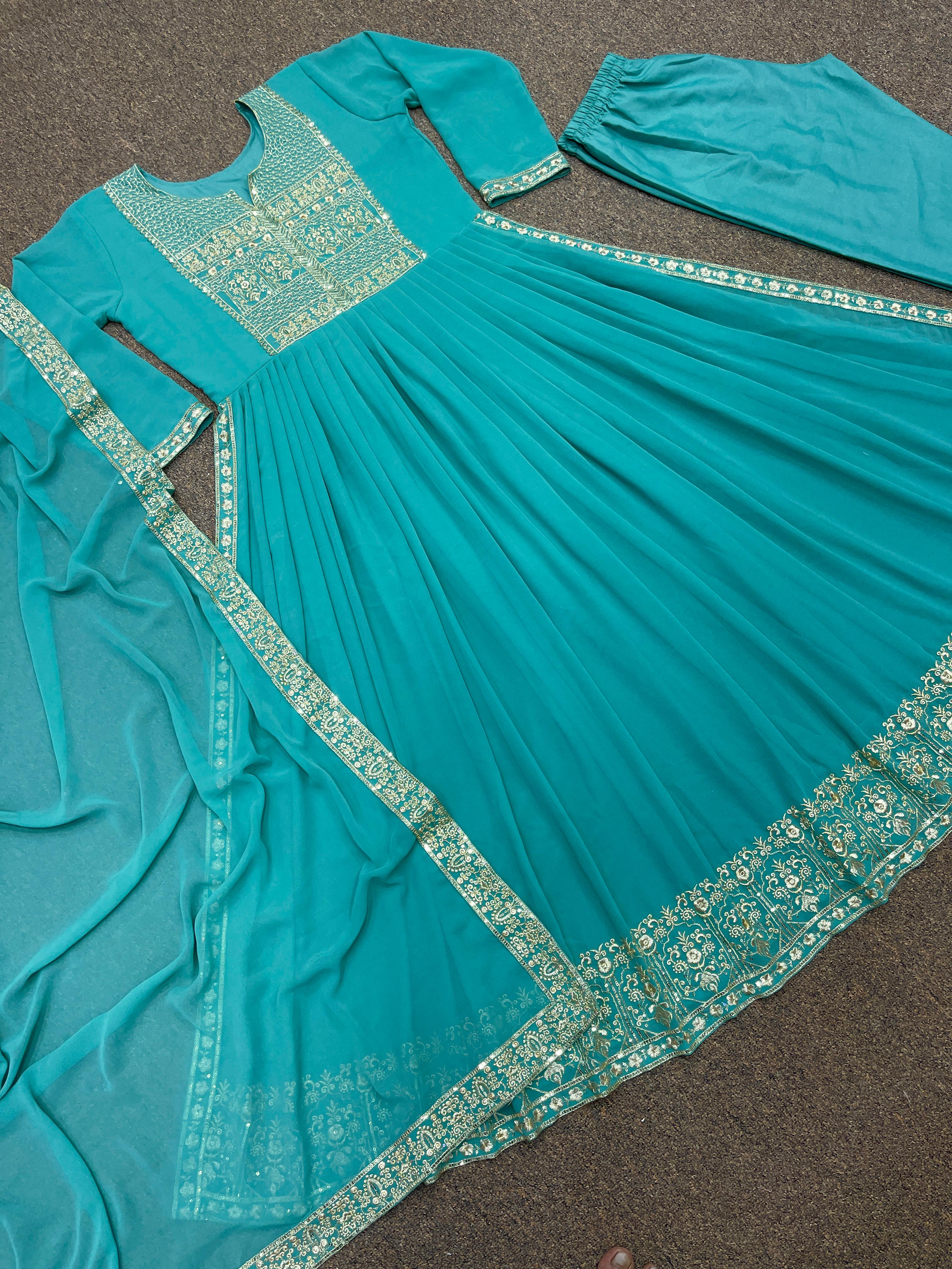 Aqua Green Heavy Faux Georgette Beautiful Embroidery Sequence Work Designer Gown