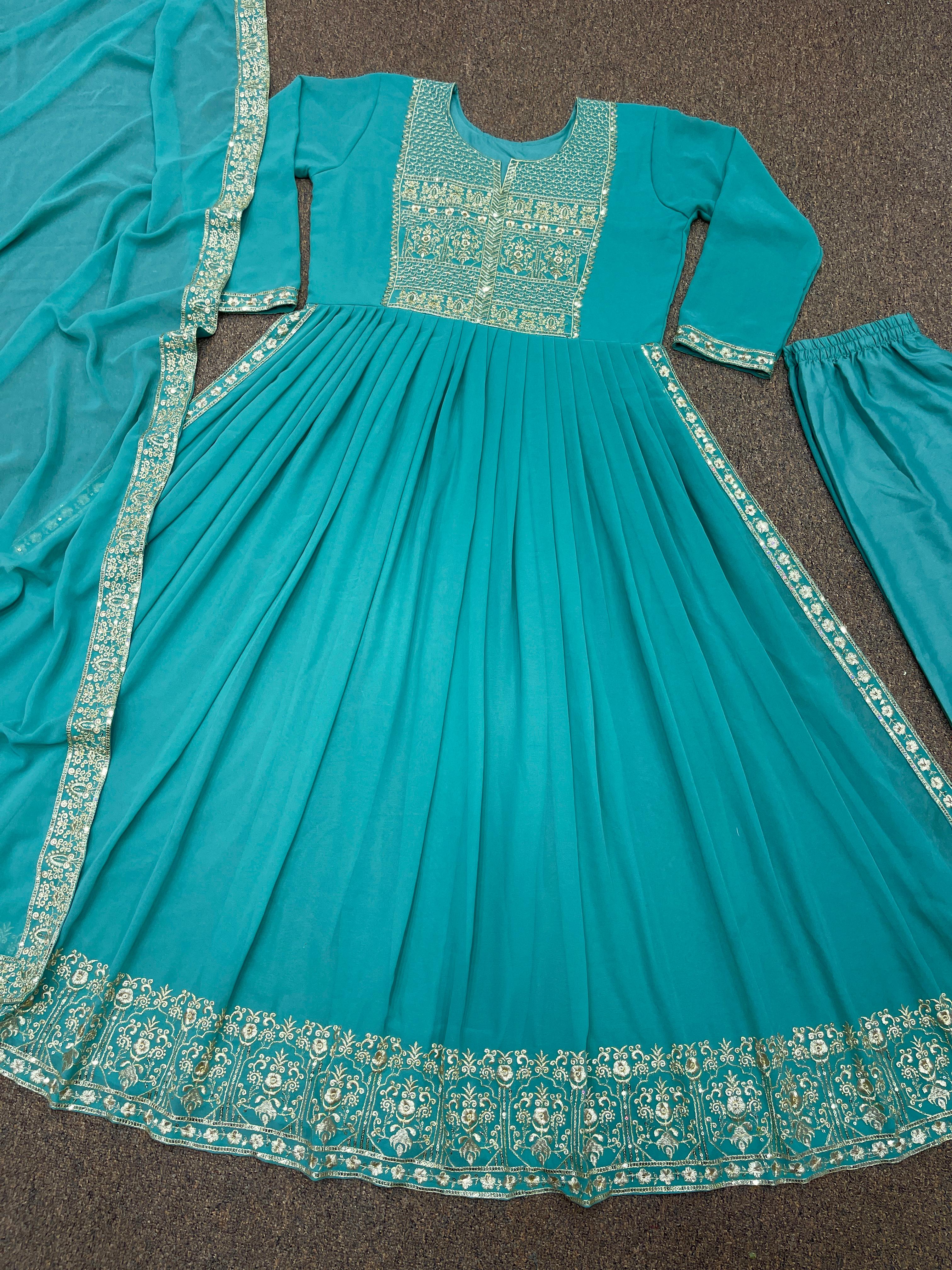 Aqua Green Heavy Faux Georgette Beautiful Embroidery Sequence Work Designer Gown