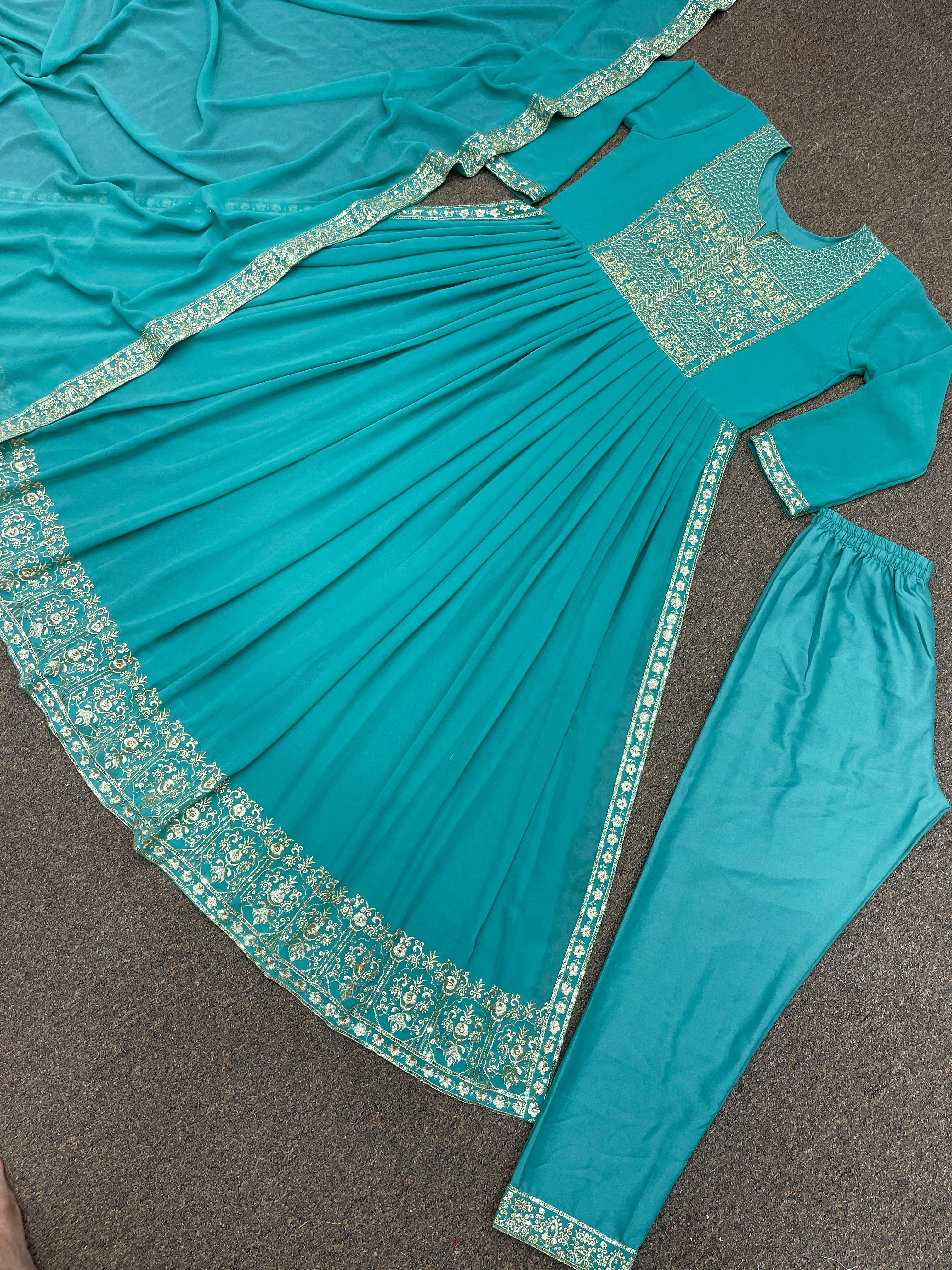 Aqua Green Heavy Faux Georgette Beautiful Embroidery Sequence Work Designer Gown