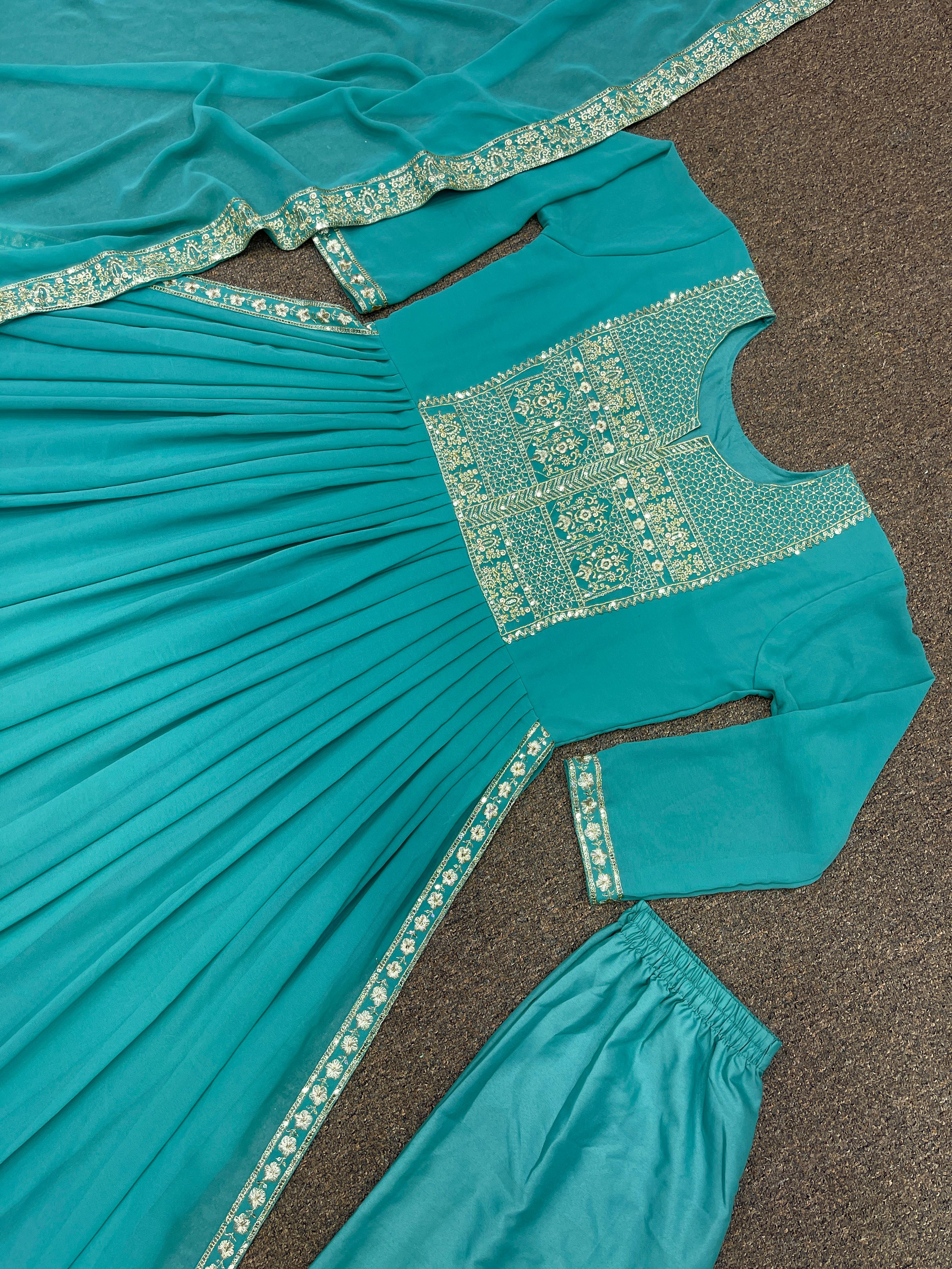 Aqua Green Heavy Faux Georgette Beautiful Embroidery Sequence Work Designer Gown