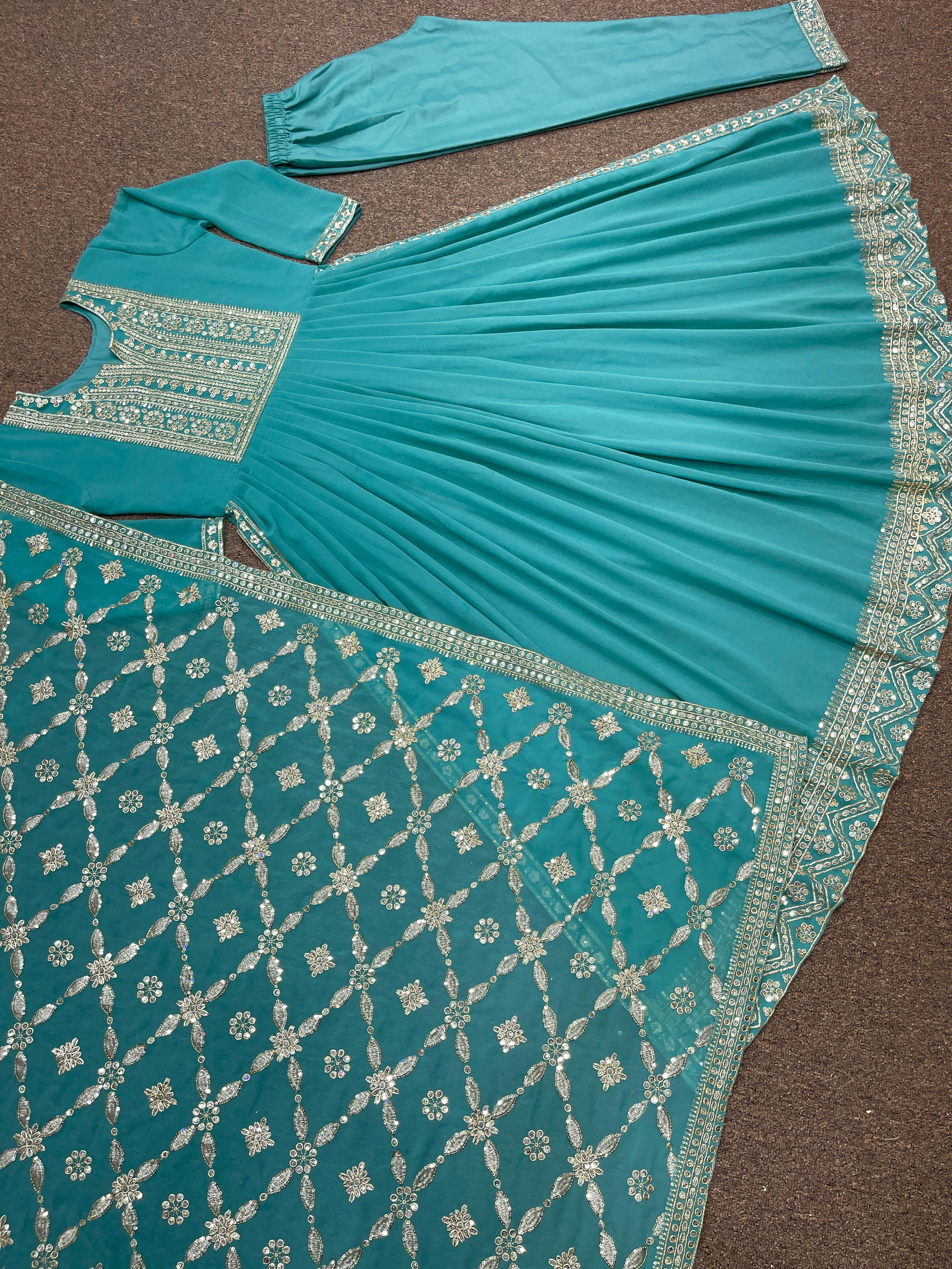 Aqua Green Heavy Faux Georgette Beautiful Embroidery Sequence Work Gown