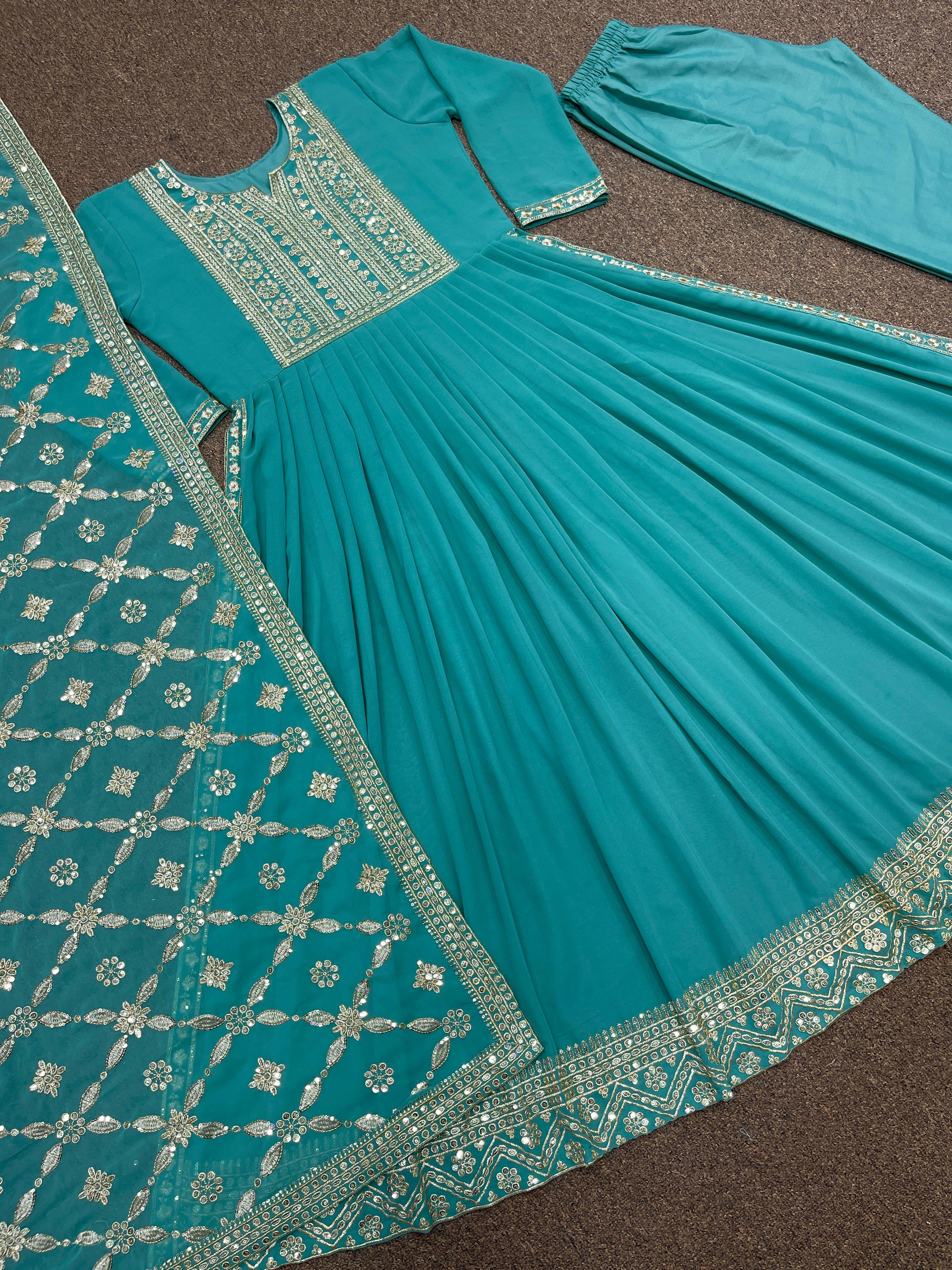 Aqua Green Heavy Faux Georgette Beautiful Embroidery Sequence Work Gown