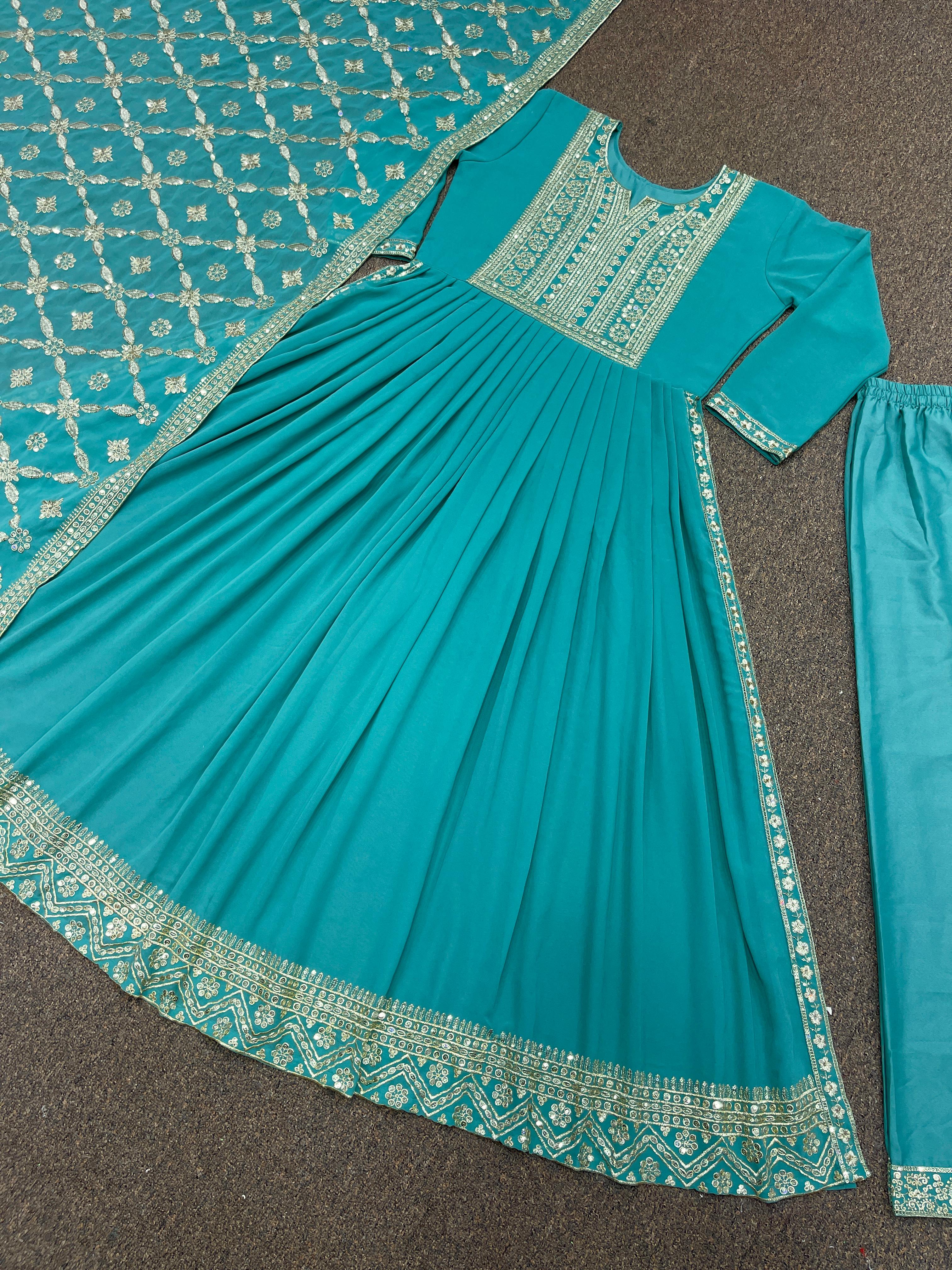 Aqua Green Heavy Faux Georgette Beautiful Embroidery Sequence Work Gown