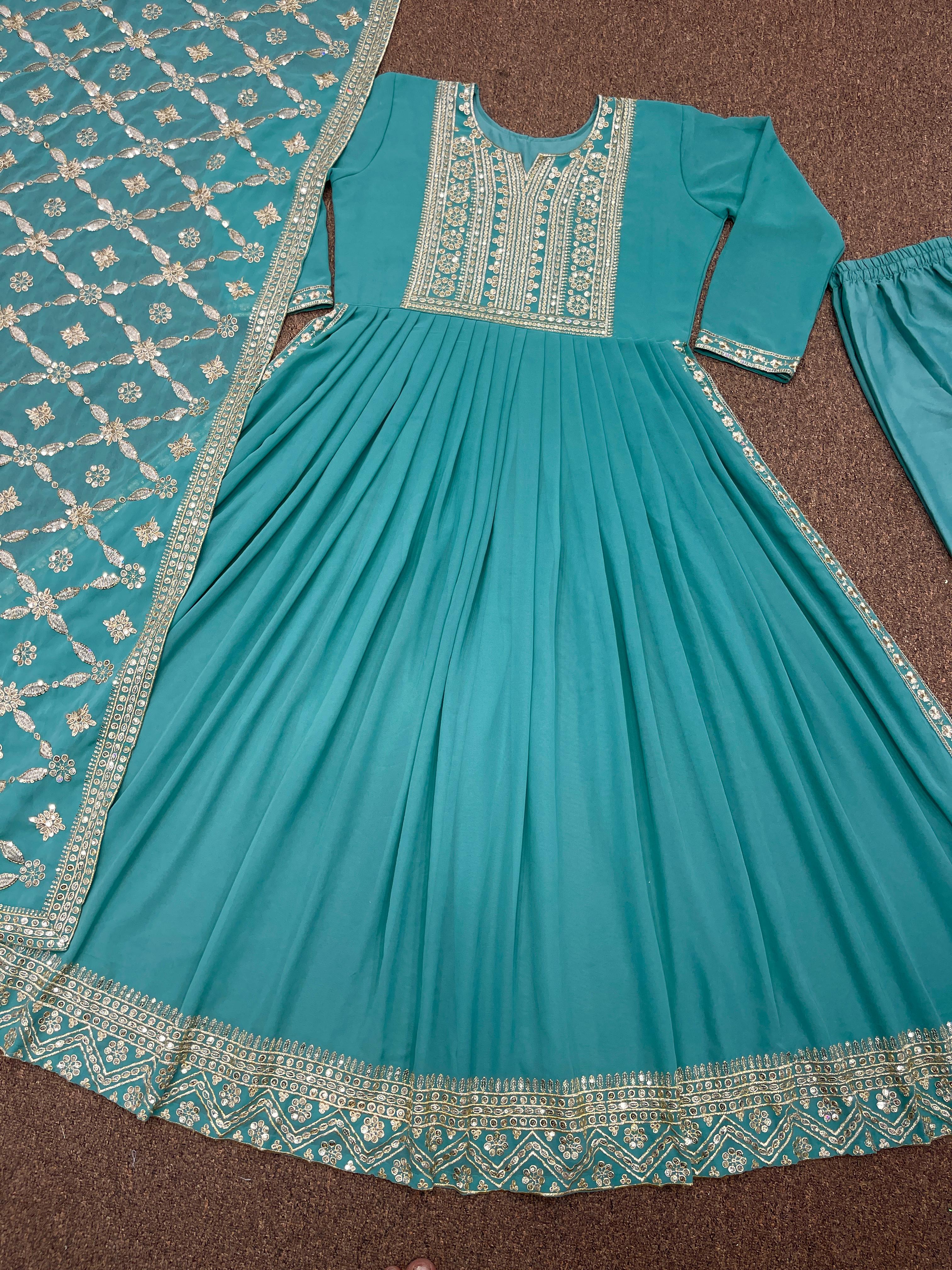 Aqua Green Heavy Faux Georgette Beautiful Embroidery Sequence Work Gown