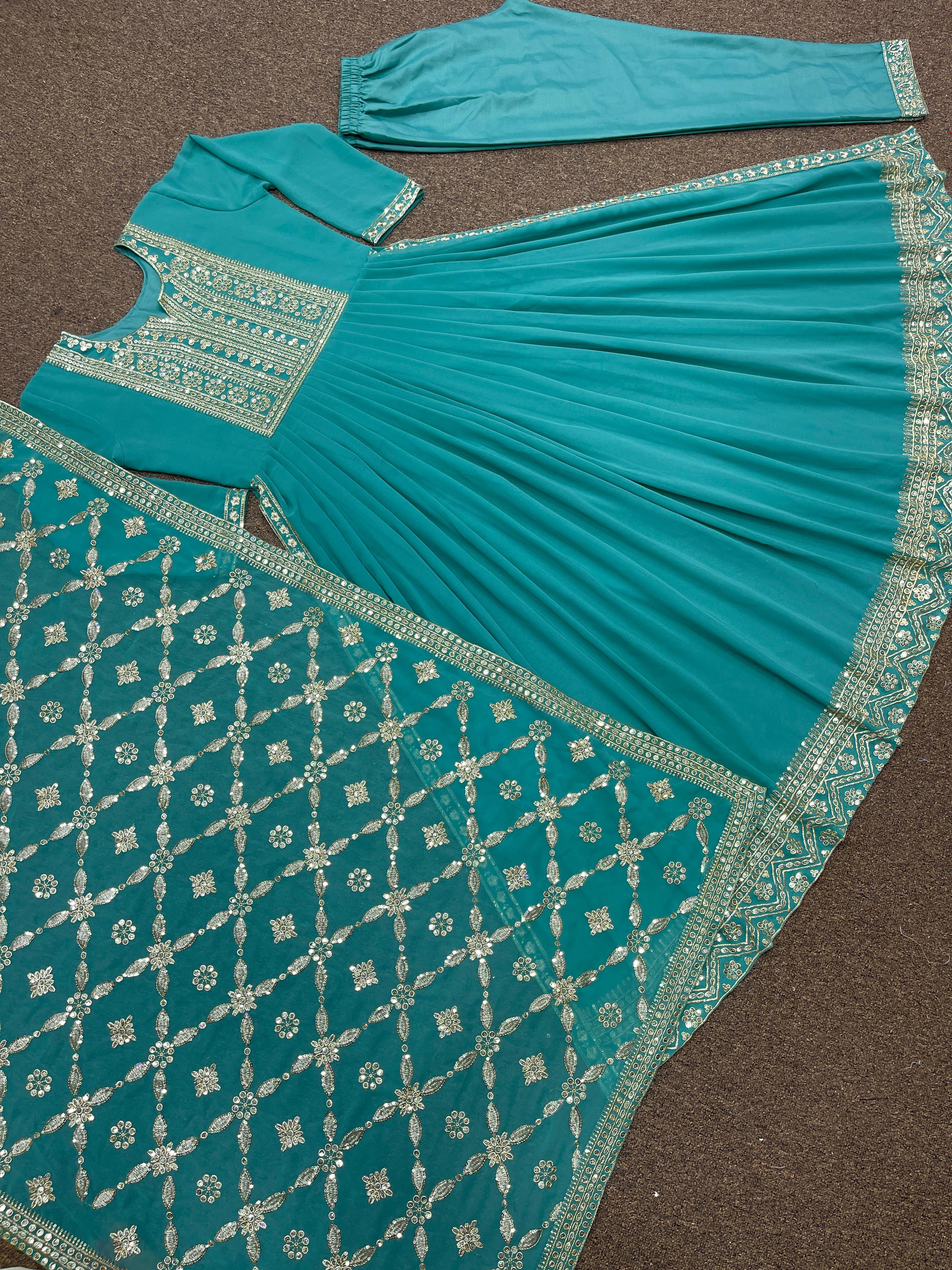 Aqua Green Heavy Faux Georgette Beautiful Embroidery Sequence Work Gown