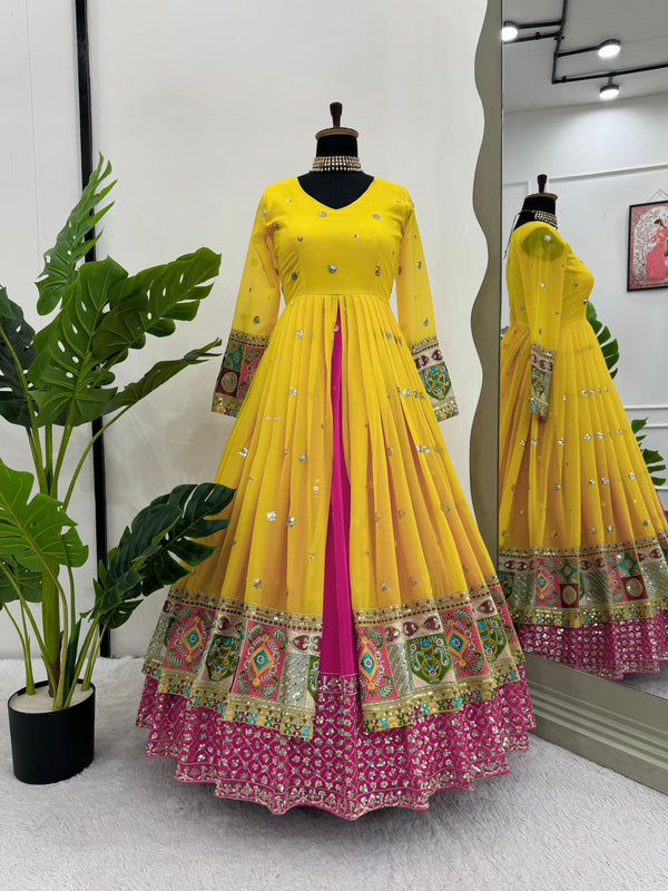 Marriage Special Yellow Color Faux Georgette Thread With Sequence Work Designer Lehenga Suit