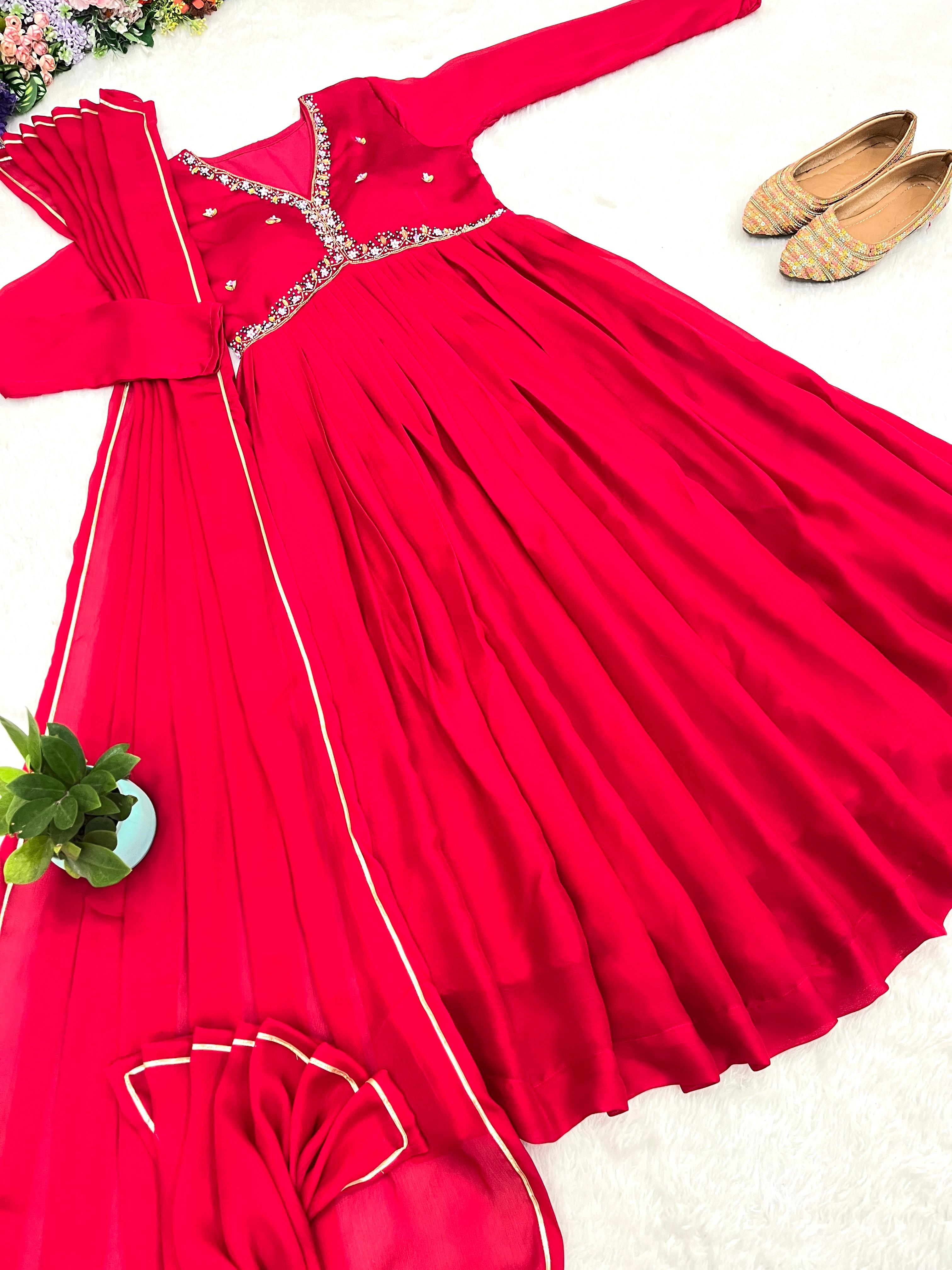 Party Wear Red Color Rangoli Heavy Fabric Designer Gown