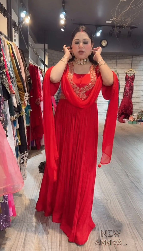 Exclusive Red Color Faux Georgette With Heavy 5mm Embroidery Sequence Work Designer Gown