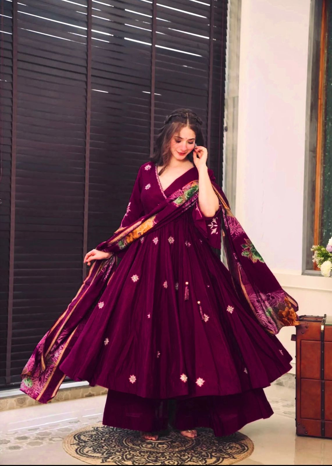 Alluring Wine Color Pure Chinon Silk With Embroidery Work With Fancy Full Sleeve Anarkali Plazzo Suit