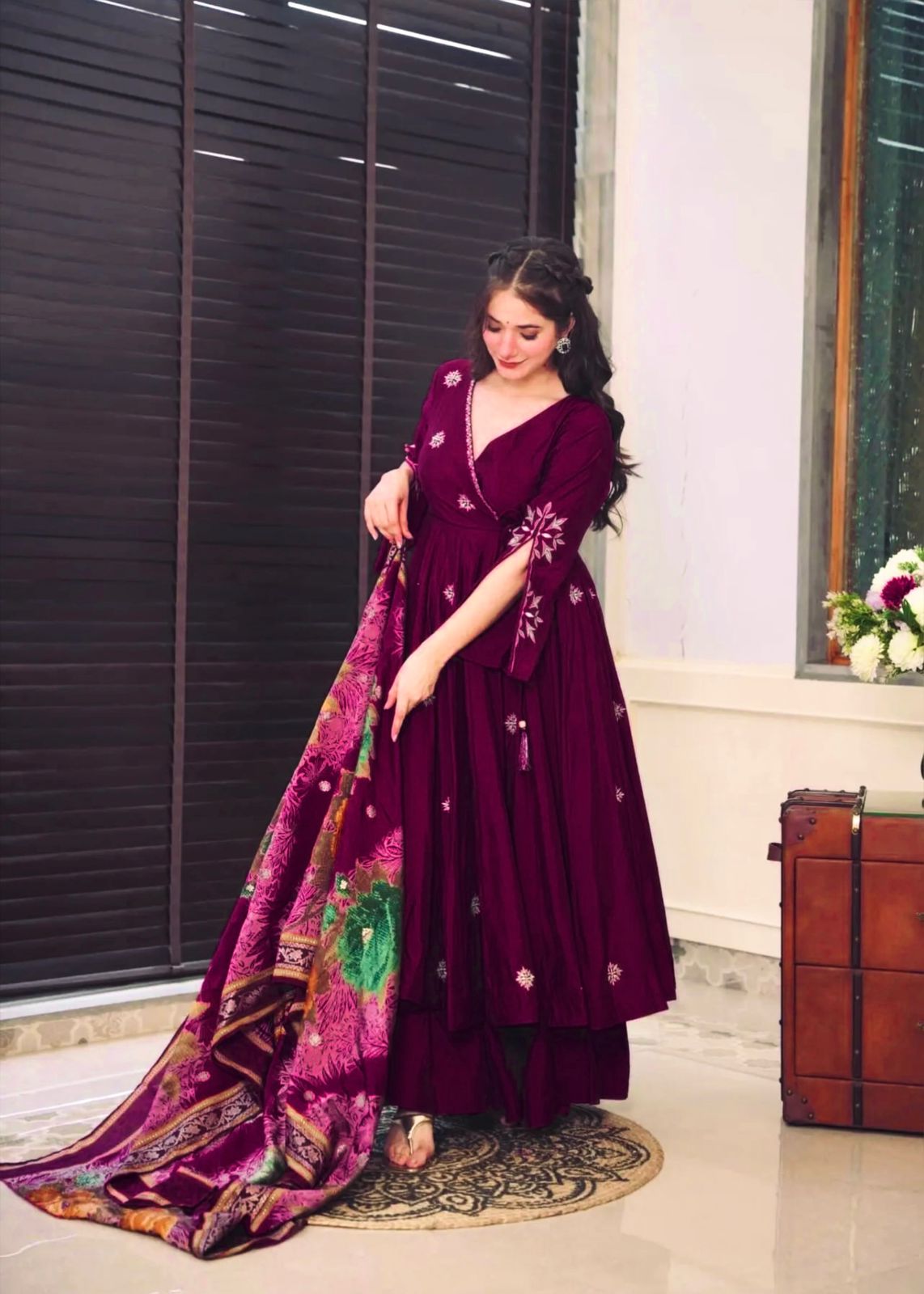 Alluring Wine Color Pure Chinon Silk With Embroidery Work With Fancy Full Sleeve Anarkali Plazzo Suit