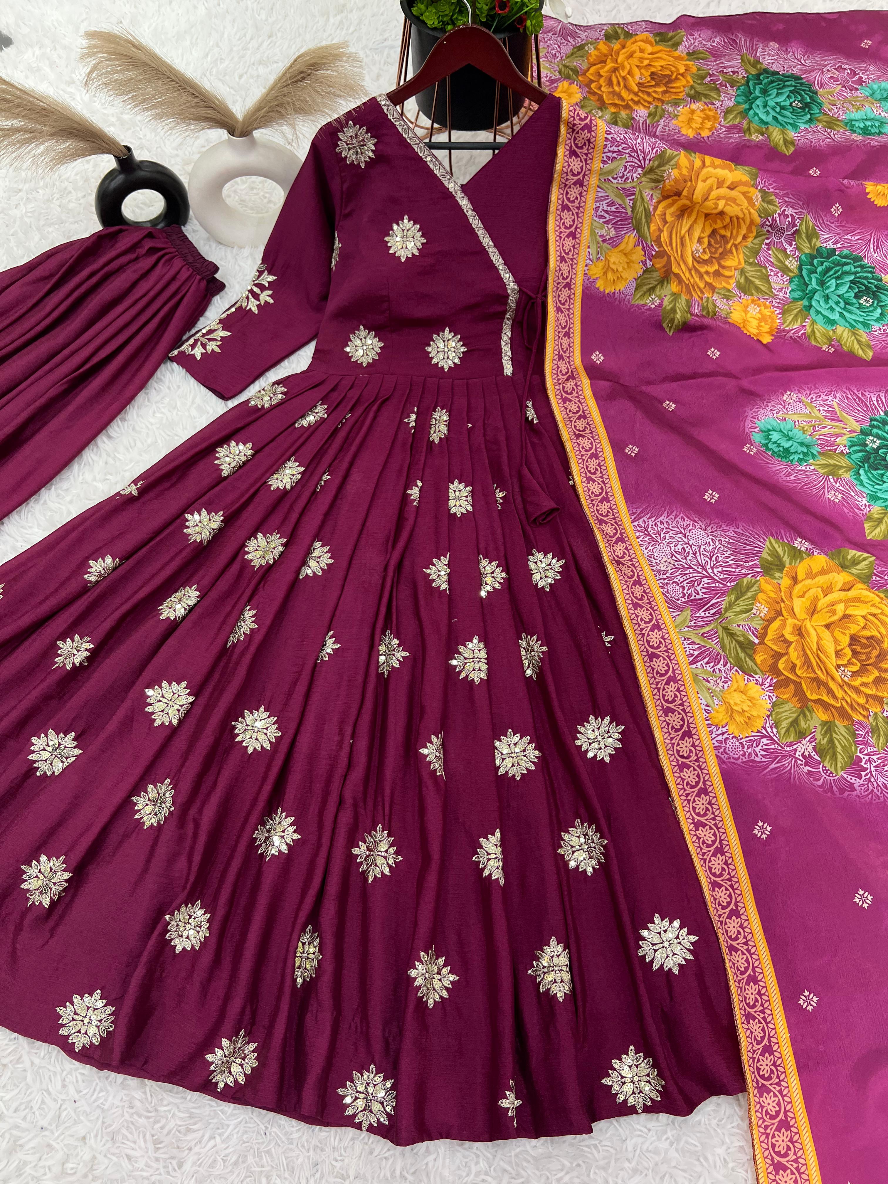 Alluring Wine Color Pure Chinon Silk With Embroidery Work With Fancy Full Sleeve Anarkali Plazzo Suit