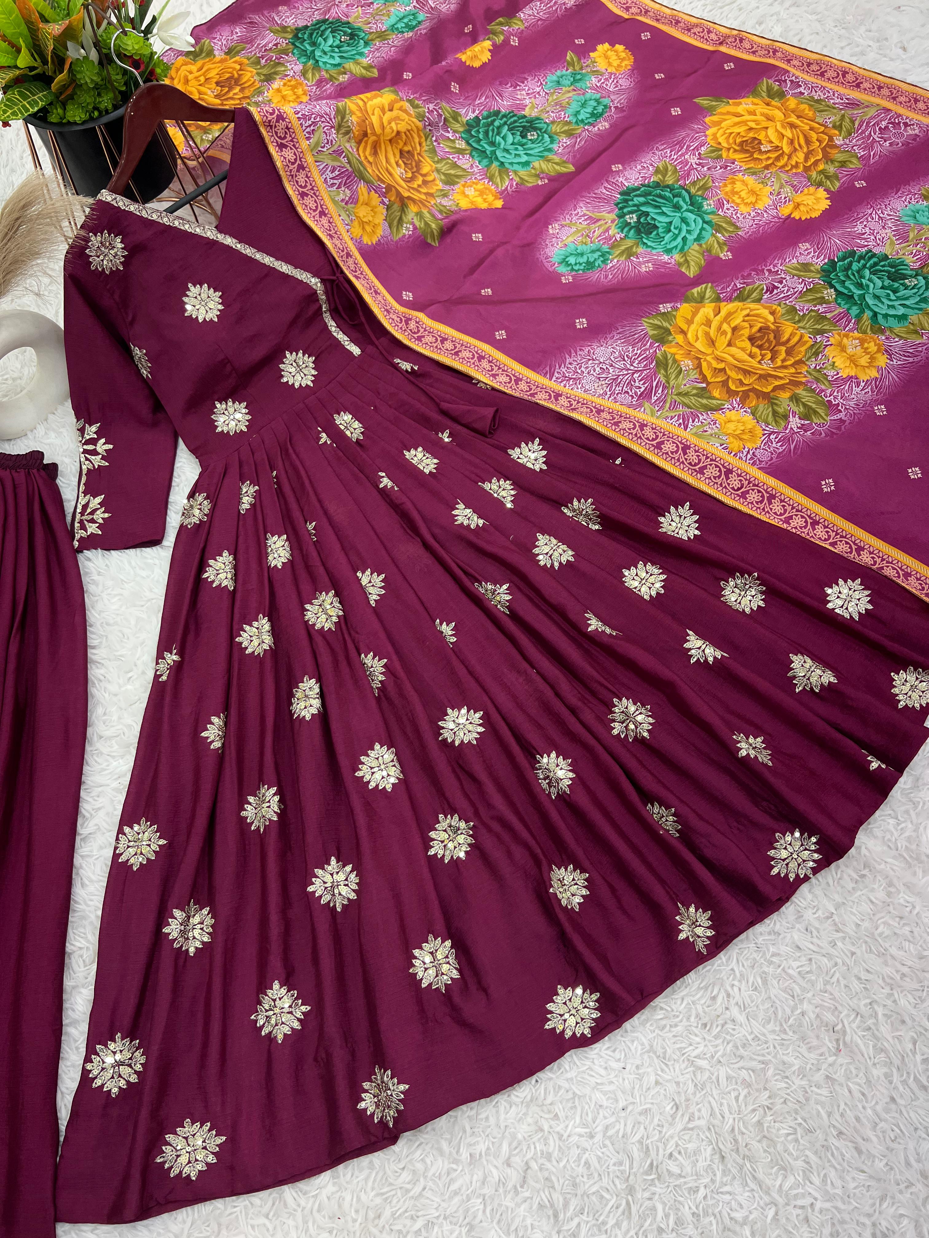 Alluring Wine Color Pure Chinon Silk With Embroidery Work With Fancy Full Sleeve Anarkali Plazzo Suit